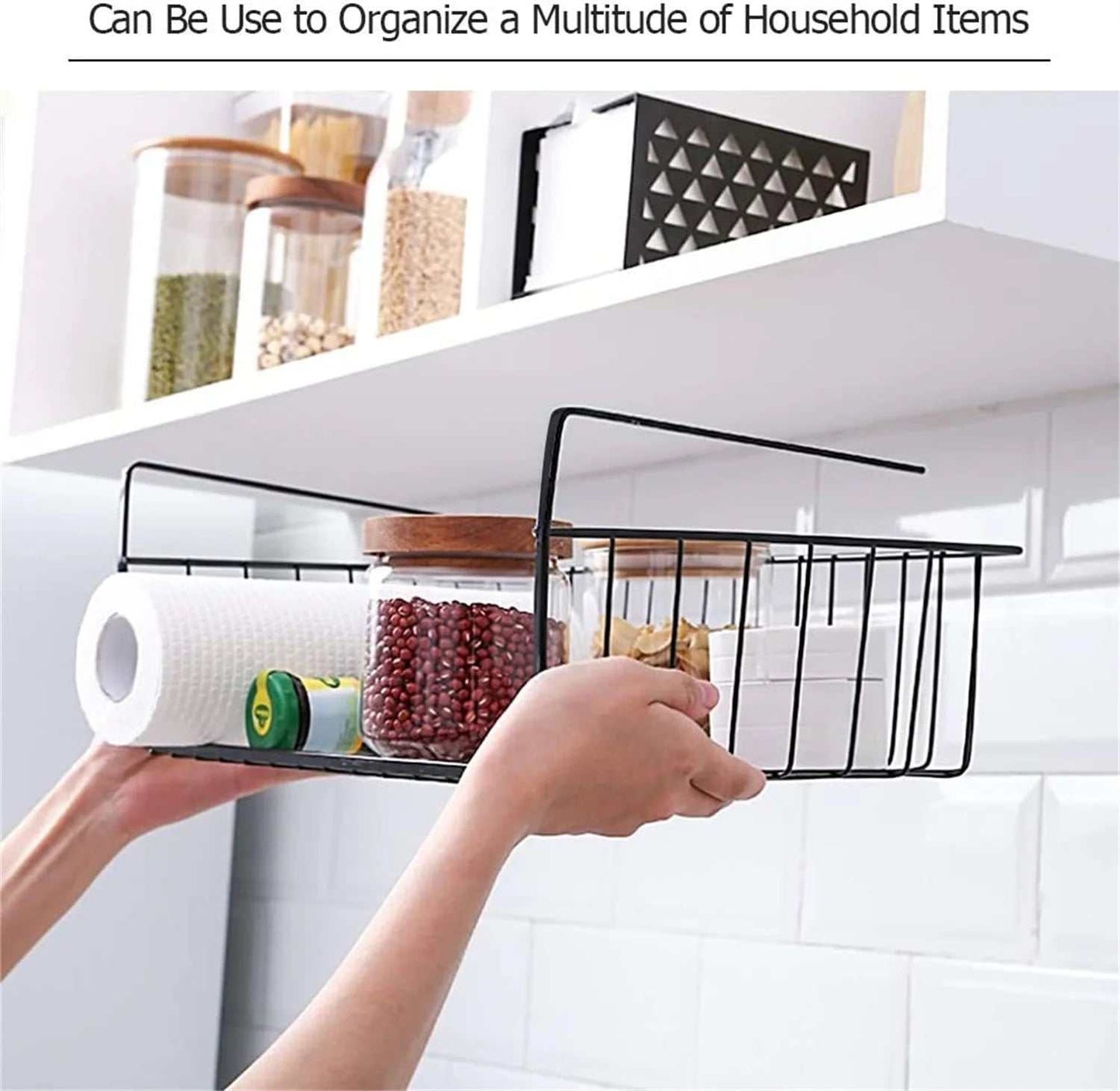 under Cabinet Storage Shelf Wire Basket Organizer Fit Dual Hooks for Kitchen Pantry Desk Bookshelf (1 Pack, Black)