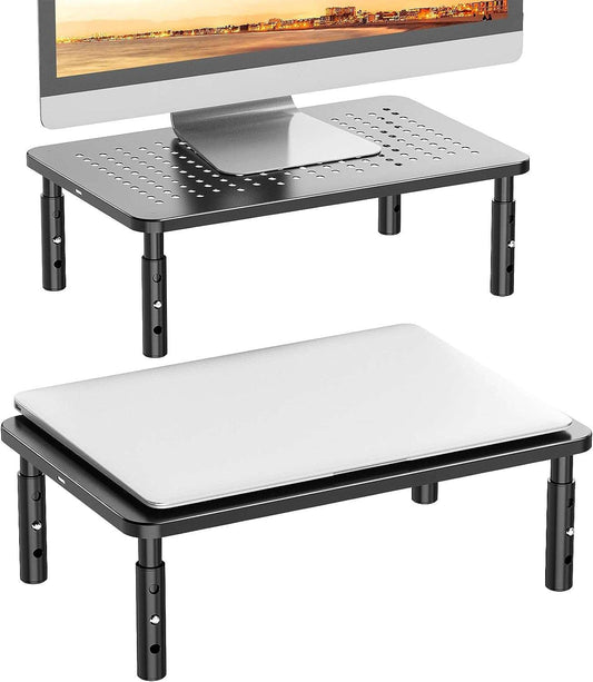 Monitor Risers for 2 Monitors, Computer Monitor Stand for 2 Monitors, Dual Monitor Riser, Laptop Riser for Desk, Adjustable underneath Storage for Office, Home, School(Stt003-2), 2 Pack,Black