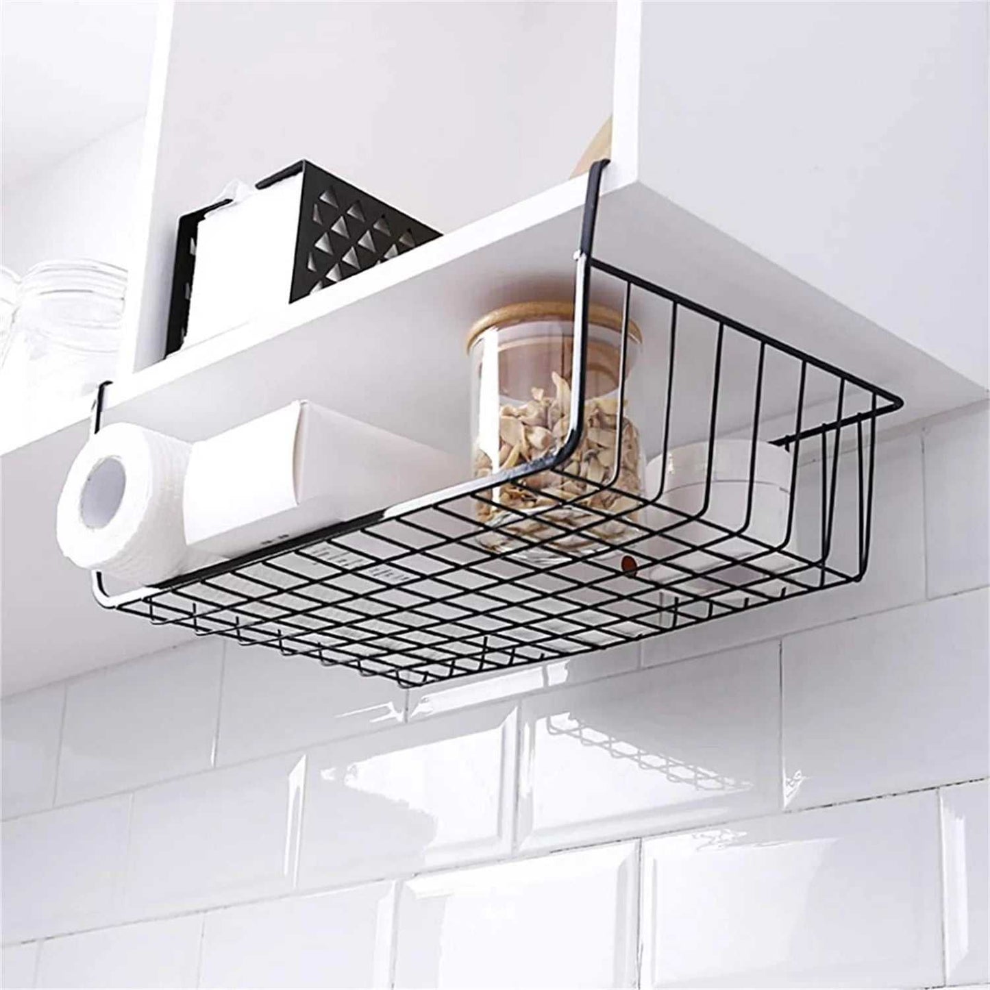 under Cabinet Storage Shelf Wire Basket Organizer Fit Dual Hooks for Kitchen Pantry Desk Bookshelf (1 Pack, Black)