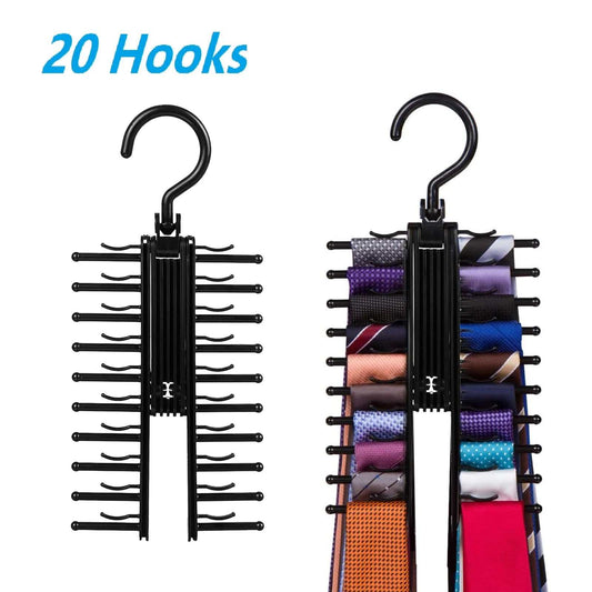 Tie Rack Hanger,  Tie Rack Holder with 20 Hooks Non-Slip Clips, 360 Degree Swivel, Space Saving Plastic Tie Organizer