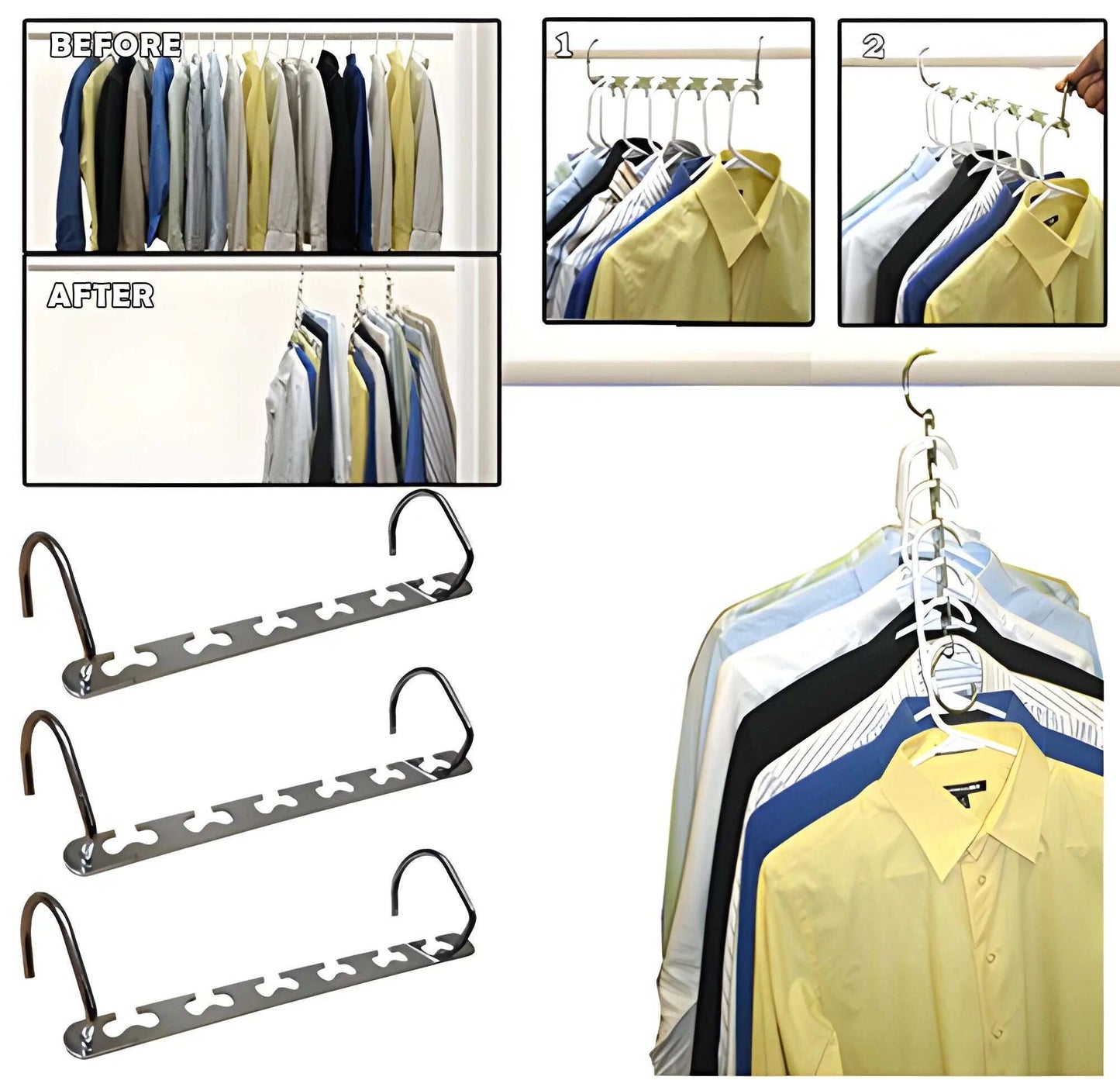 Metal Space Saving Closet Hangers - 5Pc - Durable & Sturdy, Collapsible Cascading Design W/ Multiple Hooks - Clothing & Wardrobe Organizer W/ Universal Fit for All Garments & Closet Rods