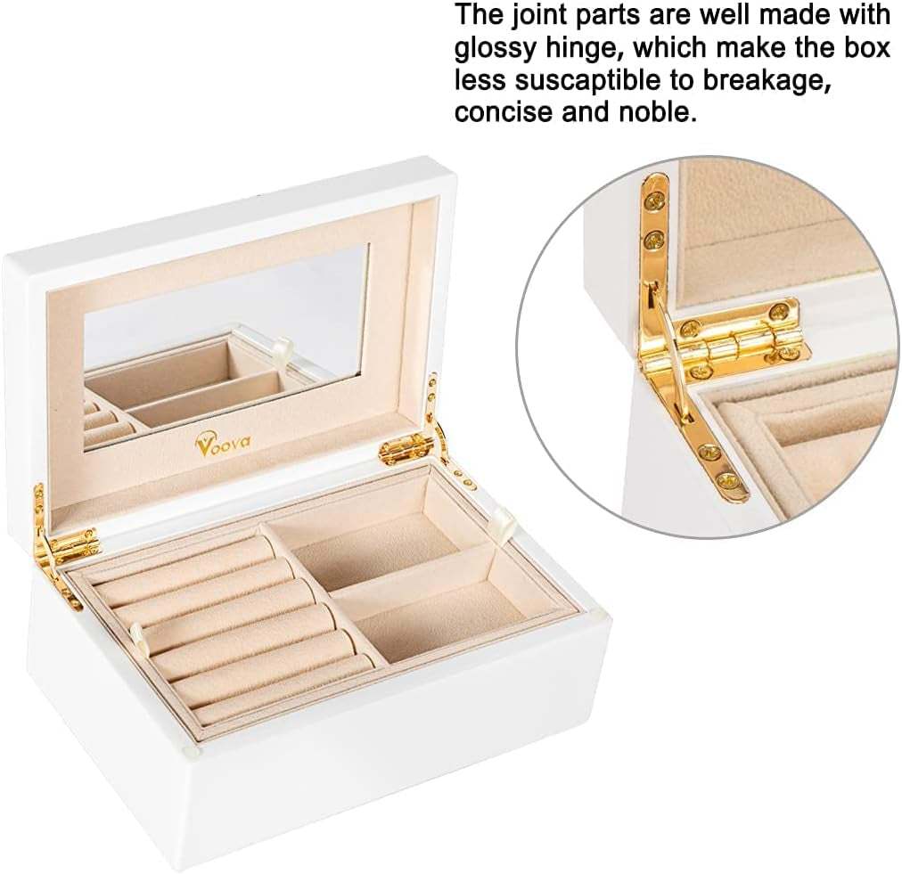 Wooden Jewelry Box Organizer for Women Teen Girls, Luxury Piano Paint Wood Jewelry Case with Mirror, Large Jewellery Storage Boxes Display Holder with Removable Tray for Earrings Rings, White