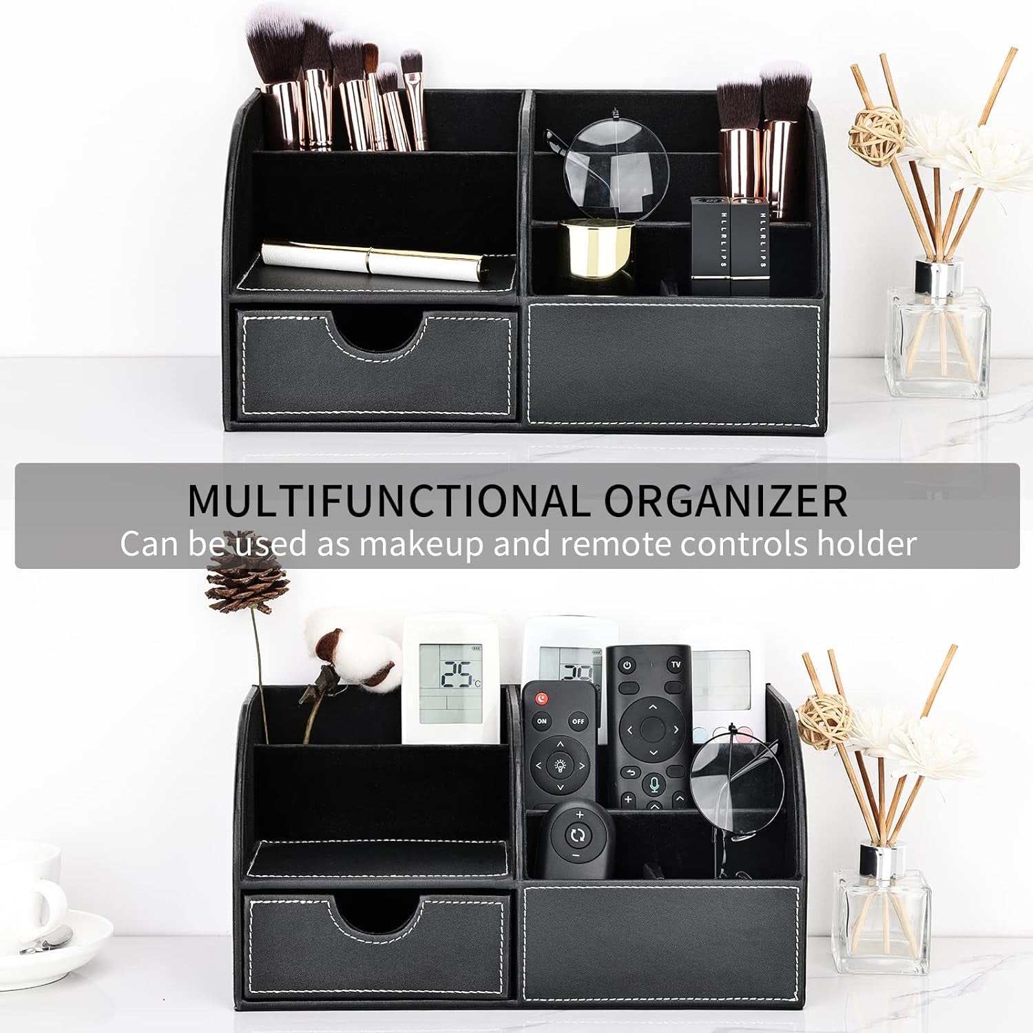 Pu Leather Desk Organizer Pen Pencil Holder Office Supplies Caddy Storage Box 6 Compartments with Drawer Black