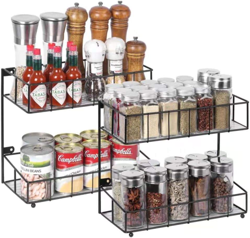 2 Pack - Spice Rack Organizer, 2-Tier Spice Accessories Storage Shelf, Door & Wall Mount, Steel, Black