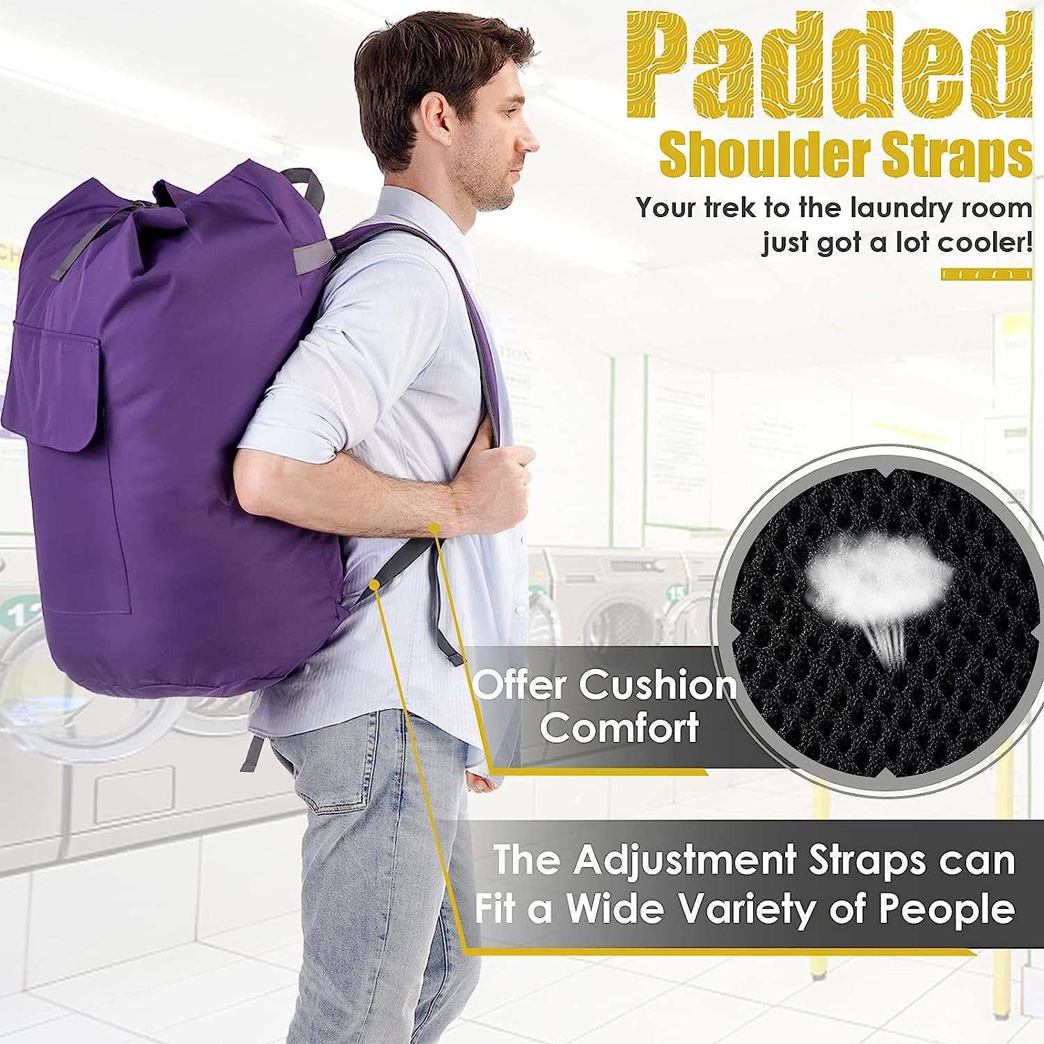 College Laundry Bag Extra Large Heavy Duty, Purple 115L Laundry Backpack Bag with Handle, Sturdy Dorm Laundry Bag with Drawstring Closure, Heavy Duty Laundry Bag for College, Camp, Laundromat