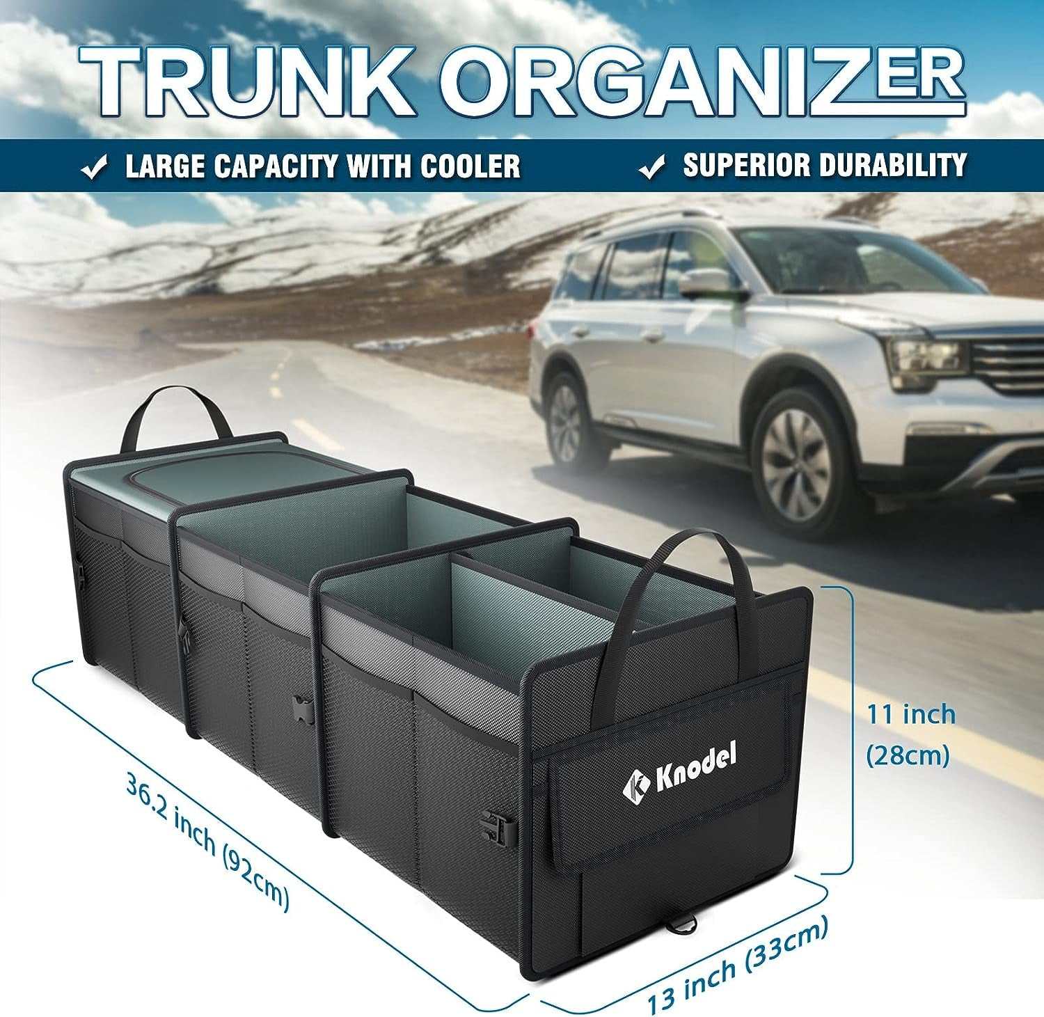 Sturdy Car Trunk Organizer with Premium Insulation Cooler Bag, Heavy Duty Collapsible for Car, SUV, Truck, or Van (3 Compartments, Black)