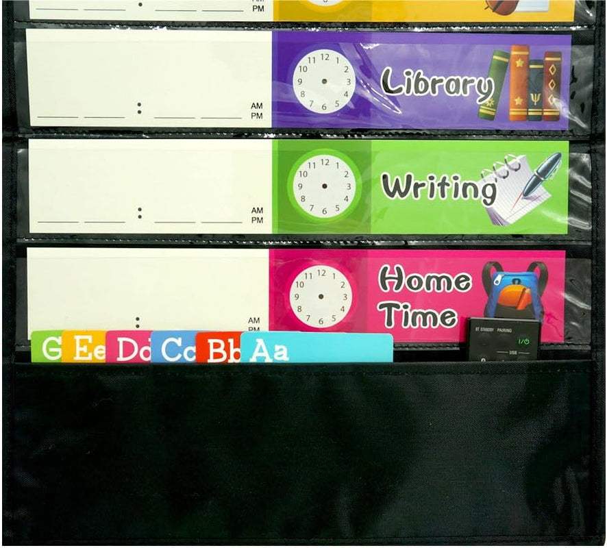 Daily Schedule Pocket Chart， Black Class Schedule with 26 Cards, 13+1 Pockets. 13 Colored + 13 Blank Double-Sided Reusable Cards, Easy Over-Door Mountings Included. (13” X 36”)