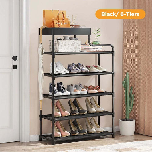 6-Tier Free Standing Shoe Rack, 39.7In Shoe Shelf, Entryway Shoe Organizer Storage Cabinet, with 5 Fabric Shelves and Storage Top for Bags or Shoes, Black