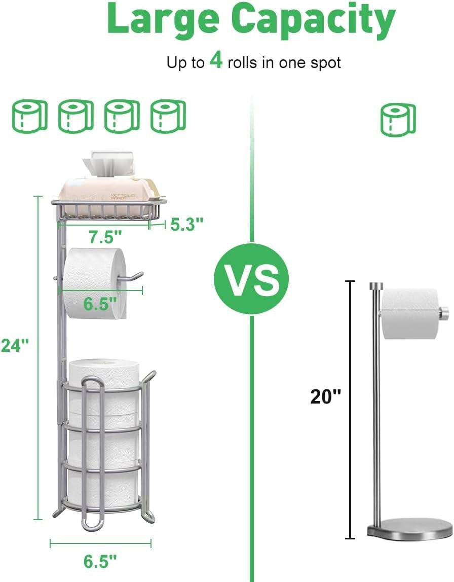 Toilet Paper Holder Stand Bathroom Tissue Dispenser Holders Rack Free Standing with Extra Shelf Storage Mega Rolls/Phone/Wipe - Silver