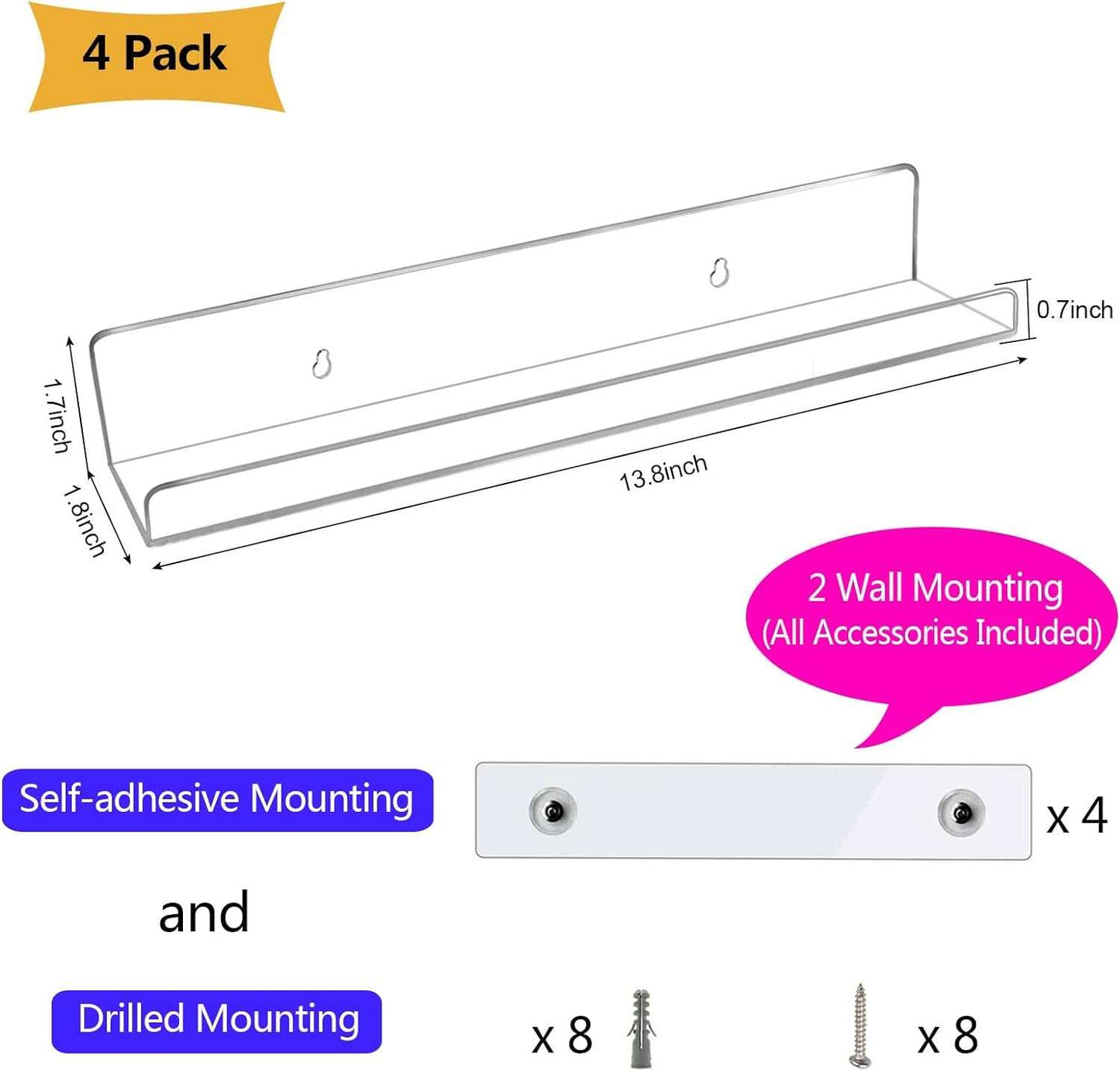 Acrylic Shelves for Wall Storage,13.8" Floating Bookshelves for Kids,With Self-Adhesive Stickers Display Shelf Organizer for Bathroom,Bedroom,Living Room,Kitchen,Room Decor (Clear 4 Pack)