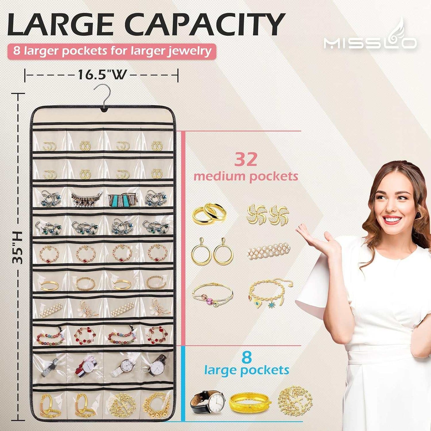 Dual-Sided Hanging Jewelry Organizer with 40 Pockets and 20 Hook & Loops Closet Necklace Holder for Earring Bracelet Ring Chain with Rotating Hanger, Beige