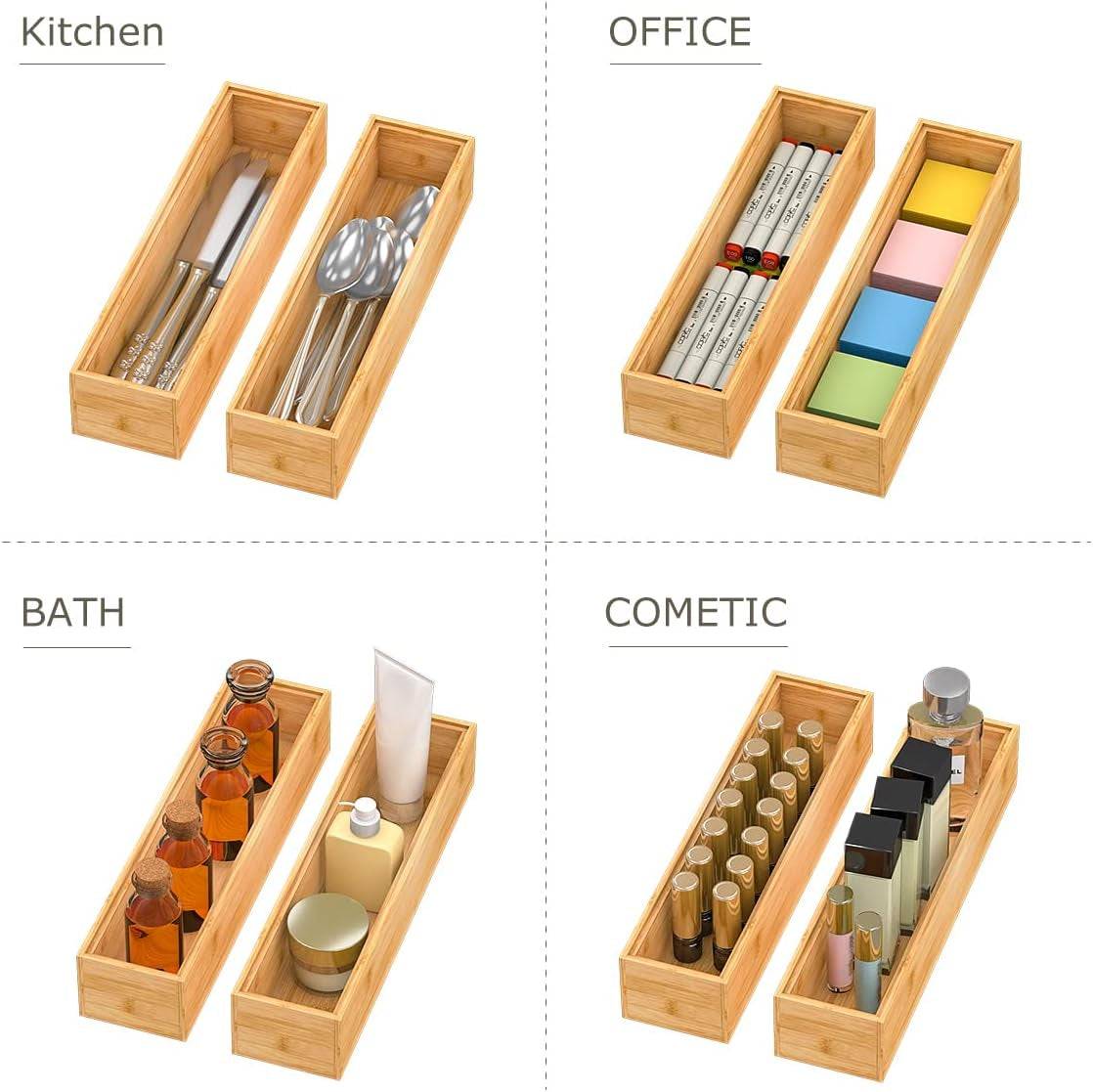 Bamboo Drawer Organizer Storage Box Kitchen - Wood Stackable Tray Set of 2 (12X3X2 Inch）