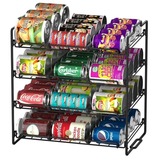 4 Tiers Stackable Can Rack Organizer, Wear-Resistant Upgrade Beverage Food Can Dispenser Holder Holds up to 48 Cans for Kitchen Cabinet and Pantry (Black)