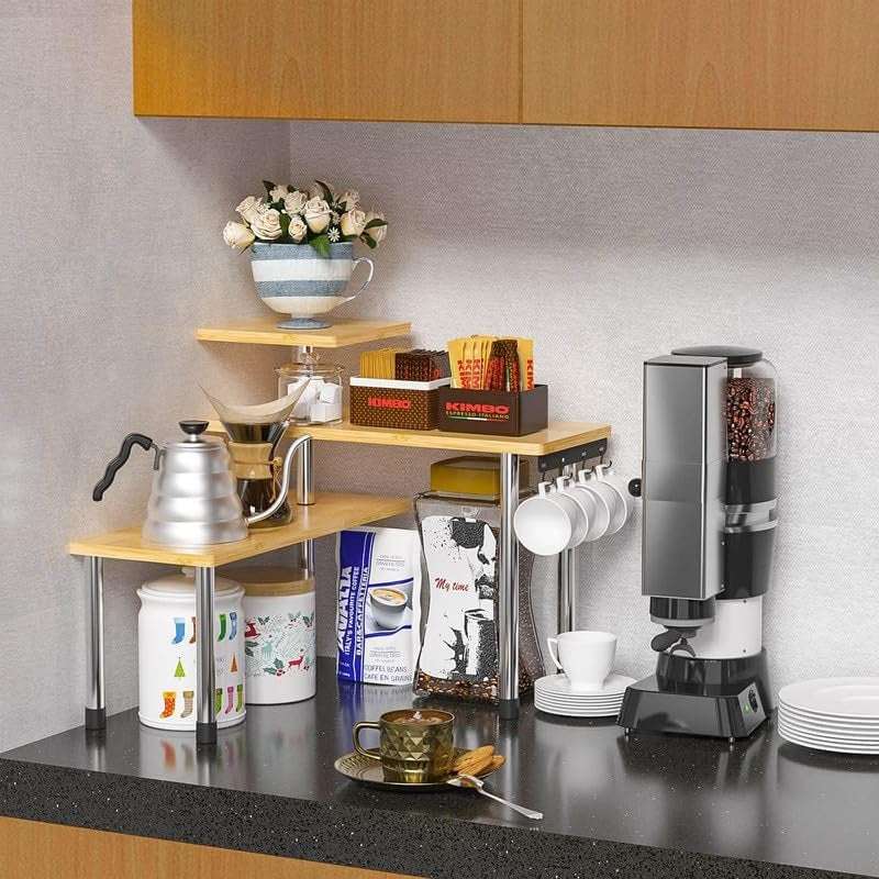 Kitchen Countertop Organizer Corner Shelf - 3 Tier Bathroom Storage Display Counter Shelves Bamboo Spice Rack Desk Bookshelf with Hooks