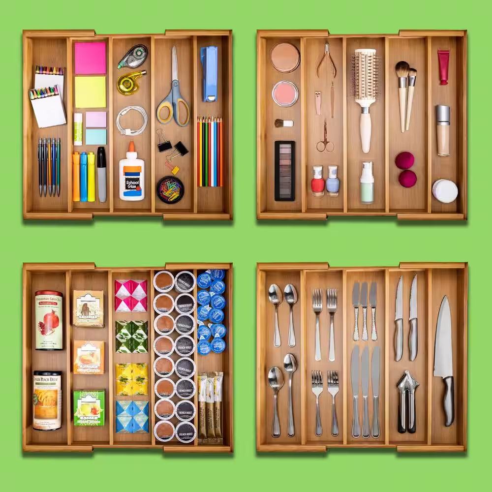 Bamboo Expandable 5 Large Compartment Adjustable Cutlery Drawer Tray Organizer