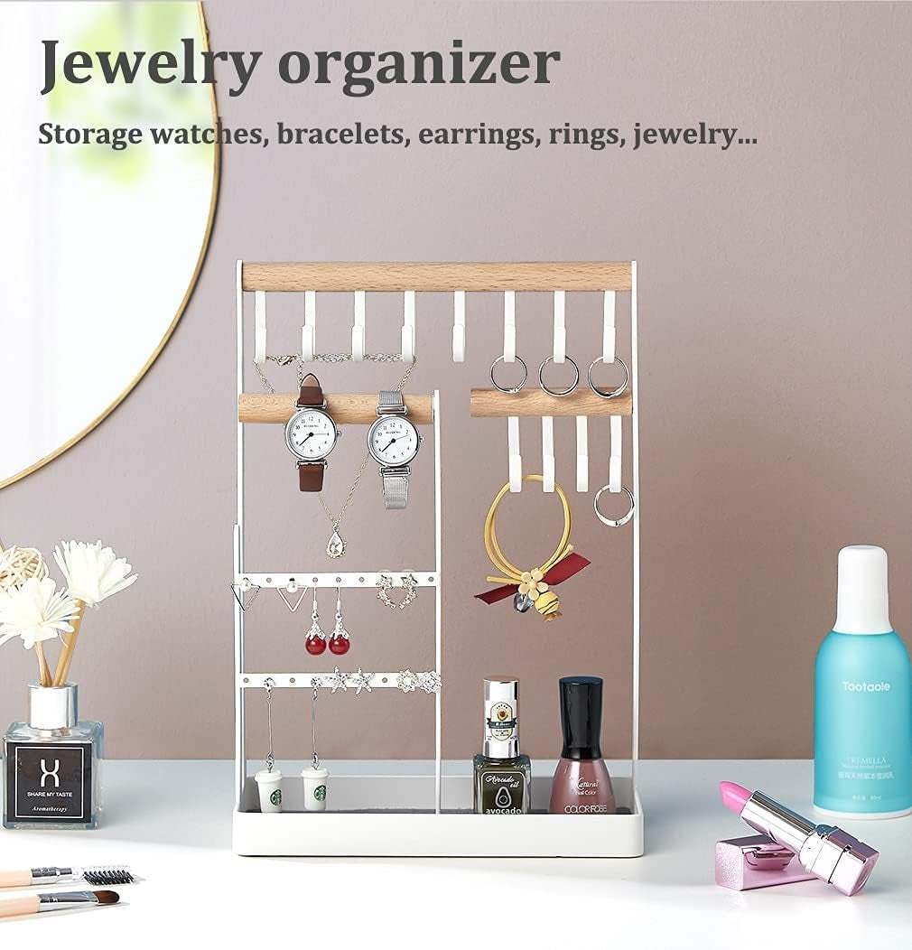 3-Tier Jewelry Tower for Woman,Metal Jewelry Organizer for Earrings Necklace Bracelet,12 Hooks Storage Rings Necklaces