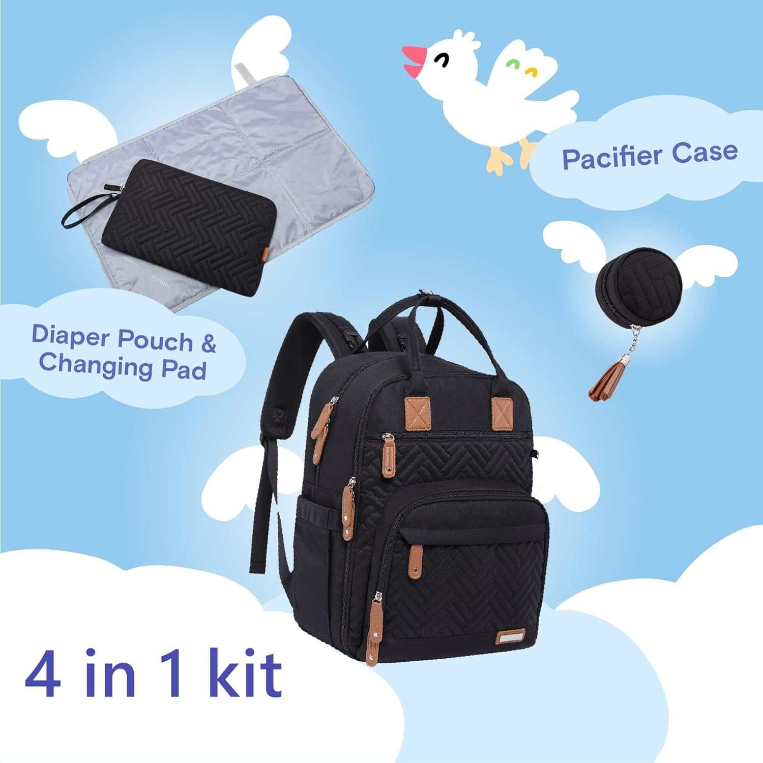 Diaper Bag Backpack, 4 in 1 Kit Large Unisex Baby Boys Girls Waterproof Travel Back Pack with Diaper Pouch, Washable Changing Pad, Pacifier Case and Stroller Straps, Black