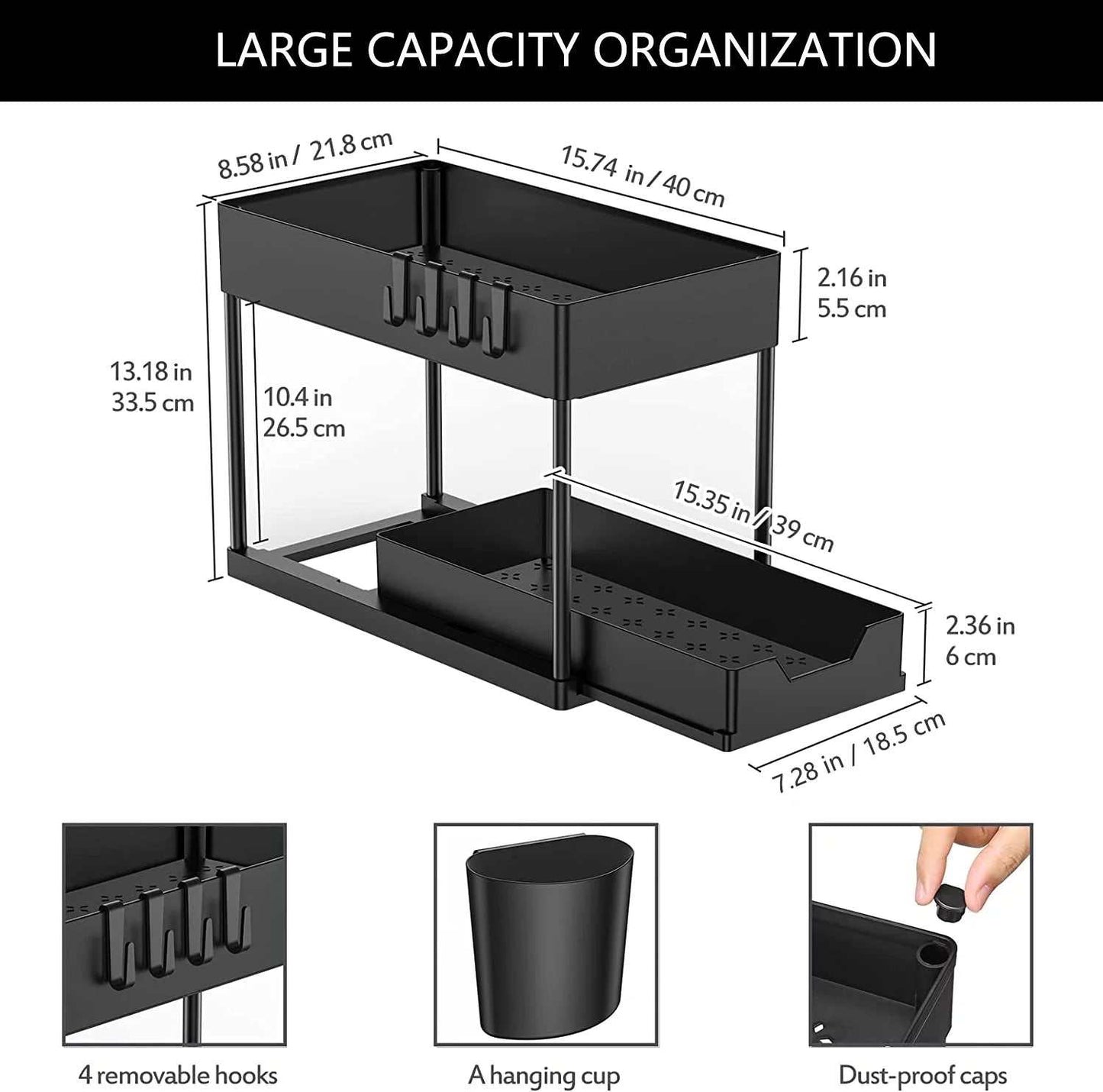 under Sink Organizer, 2 Tier Multi-Purpose Large Capacity Kitchen under Sink Organizers and Storage Easy Access Sliding Storage Drawer with Hooks and Hanging Cup for Bathroom under Sink