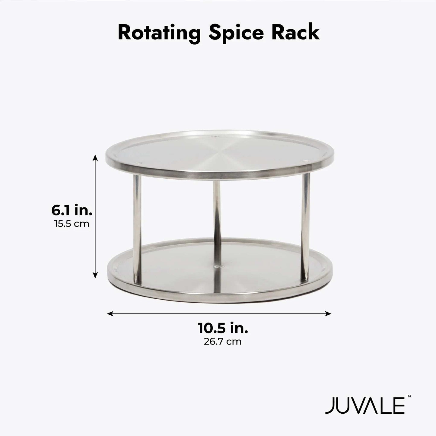 Stainless steel 2 tier lazy Susan turntable for spice storage, 10.5-inch diameter.