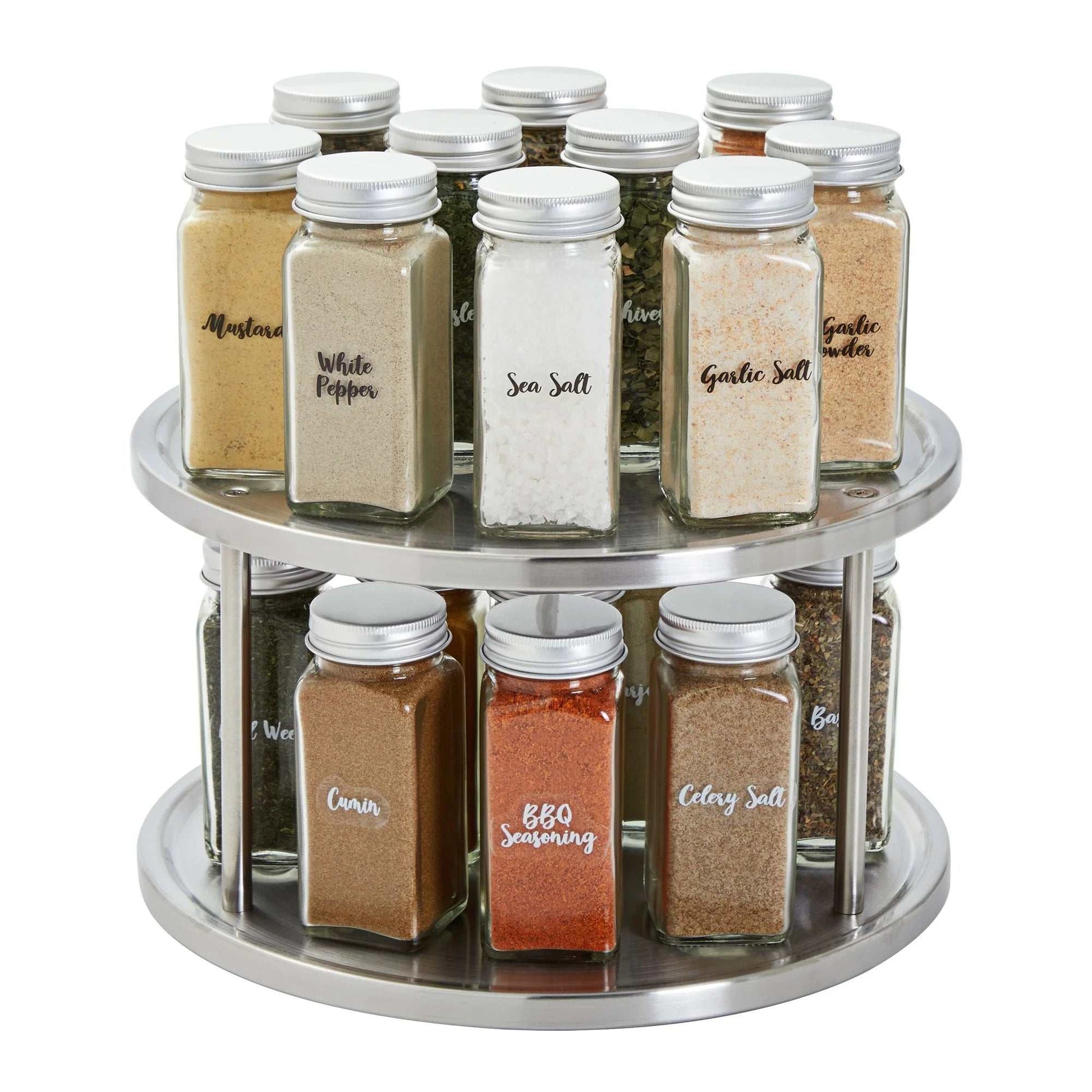 2 Tier Lazy Susan Turntable Organizer with spice jars, stainless steel, 10.5-inch diameter.