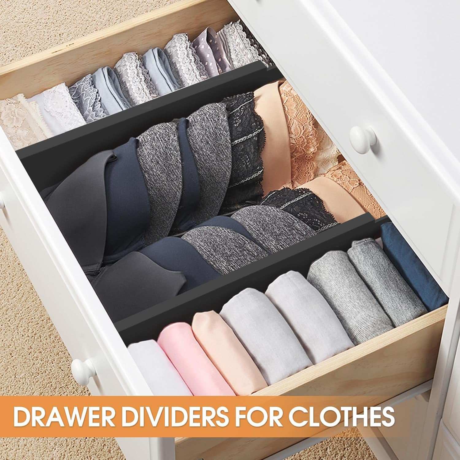 Bamboo Drawer Dividers Organizers, Kitchen Drawer Organizer, Adjustable Drawer Divider for Clothes, Kitchen, Dresser, Bedroom, Bathroom and Office, 4-Pack (Black, 12-17 IN)