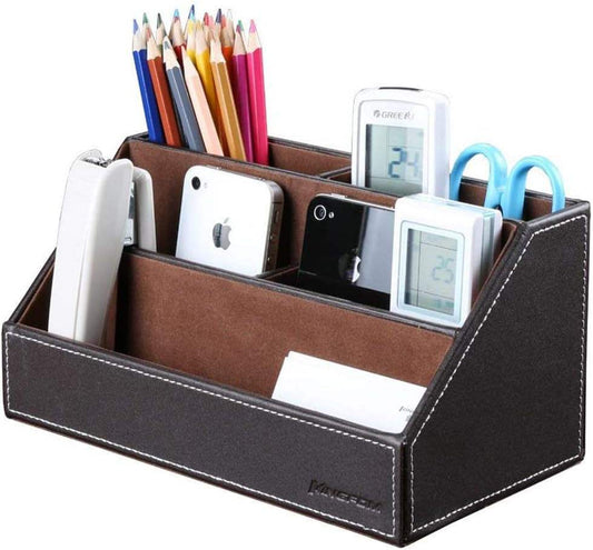 Pu Leather Desk Organizer with 5 Compartments Holder, Multi-Functional Office Supplies Storage Caddy for Pen/Pencil, Phones, Remote Controller and Desktop Accessorie Brown