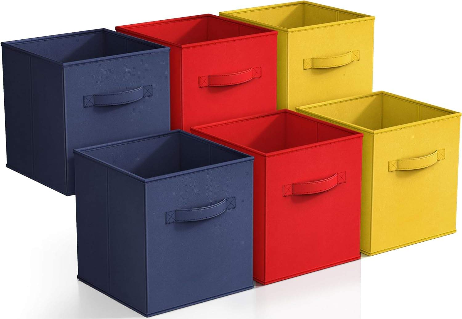 Storage Cubes - 11" Foldable Storage Bins with Handle for Nursery, Playroom, Closet Organizers and Storage - 6 Fabric Shelf Basket for Toys, Books, Clothes - Yellow Navy & Red Storage Bins