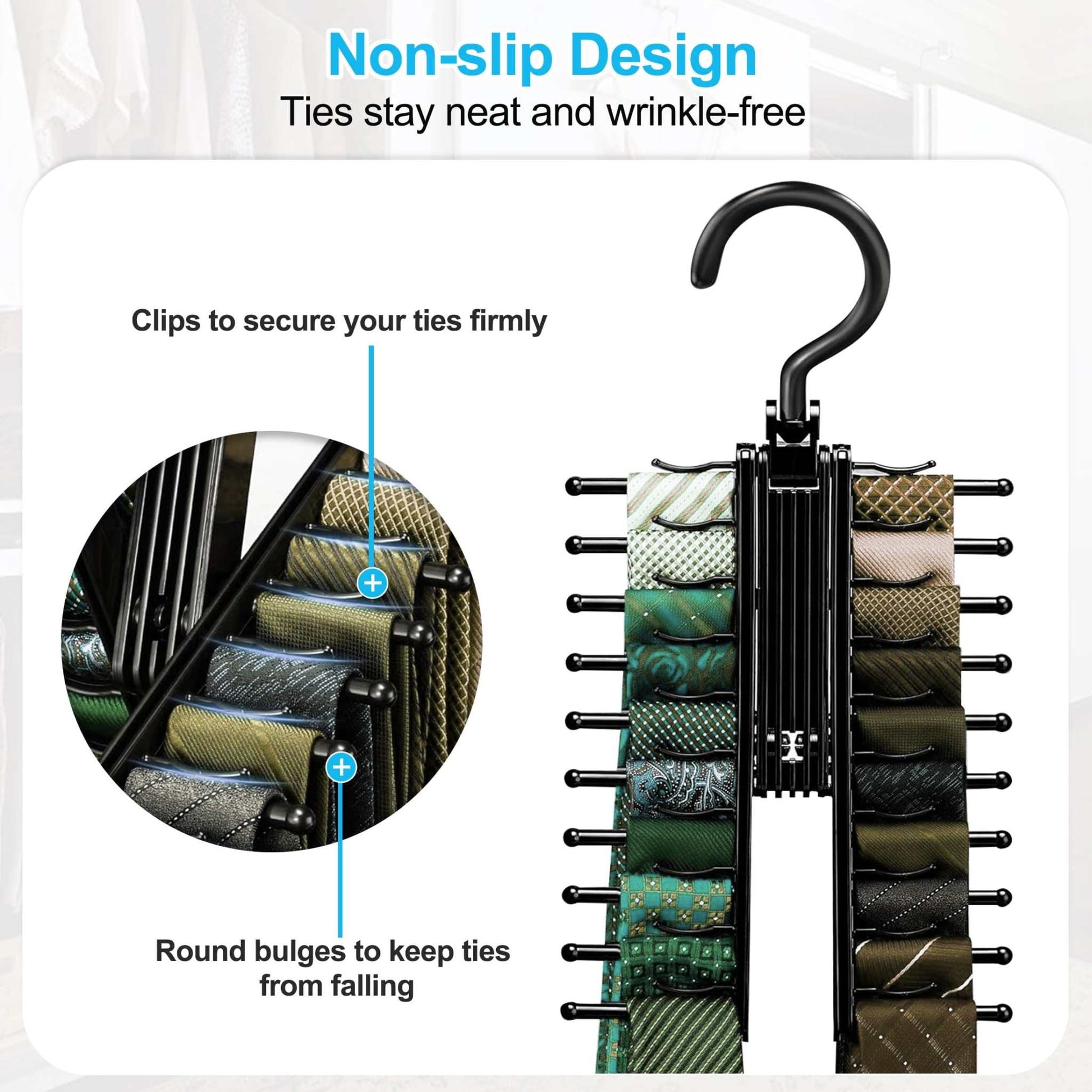 Tie Rack Hanger,  Tie Rack Holder with 20 Hooks Non-Slip Clips, 360 Degree Swivel, Space Saving Plastic Tie Organizer