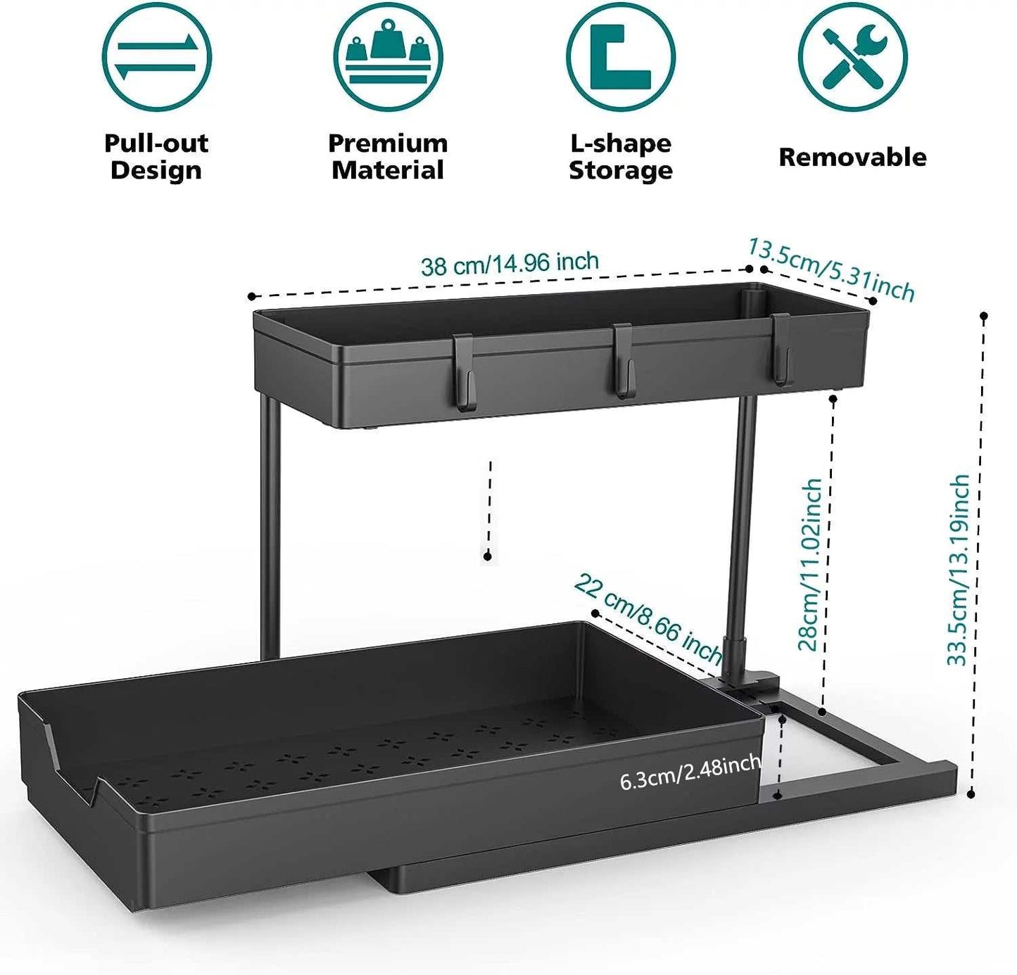 2-Pack under Sink Organizer Storage, 2 Tier L-Shape Multi-Purpose Large Capacity Kitchen under Sink Organizers for Narrow Space Easy Access Sliding Storage Drawer with Hooks for Bathroom