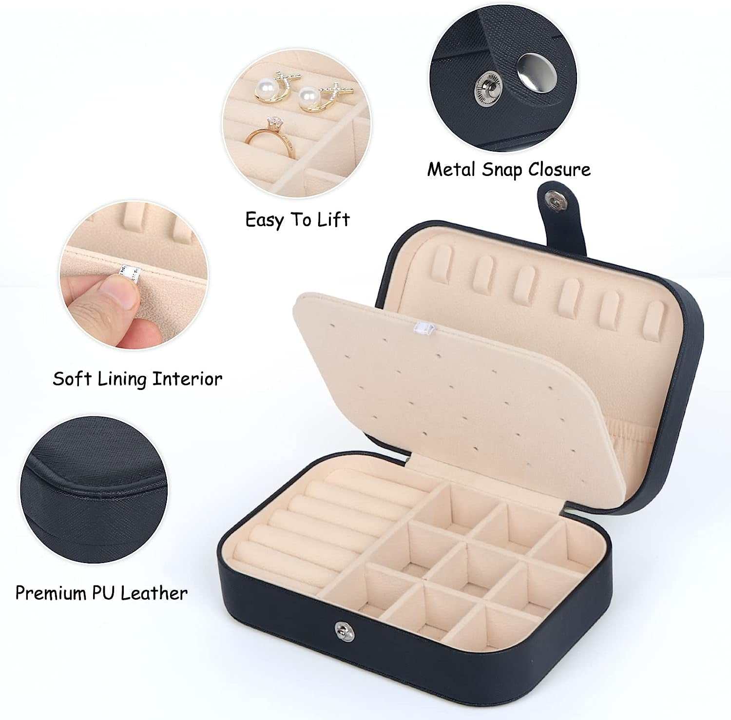 Travel Jewelry Box, Small Jewelry Organizer Boxes for Women Girls, 2 Layer Travel Jewlery Case, PU Leather Mini Portable Jewerly Storage Display Holder for Earrings, Ring, Necklaces, Bracelets Black 1