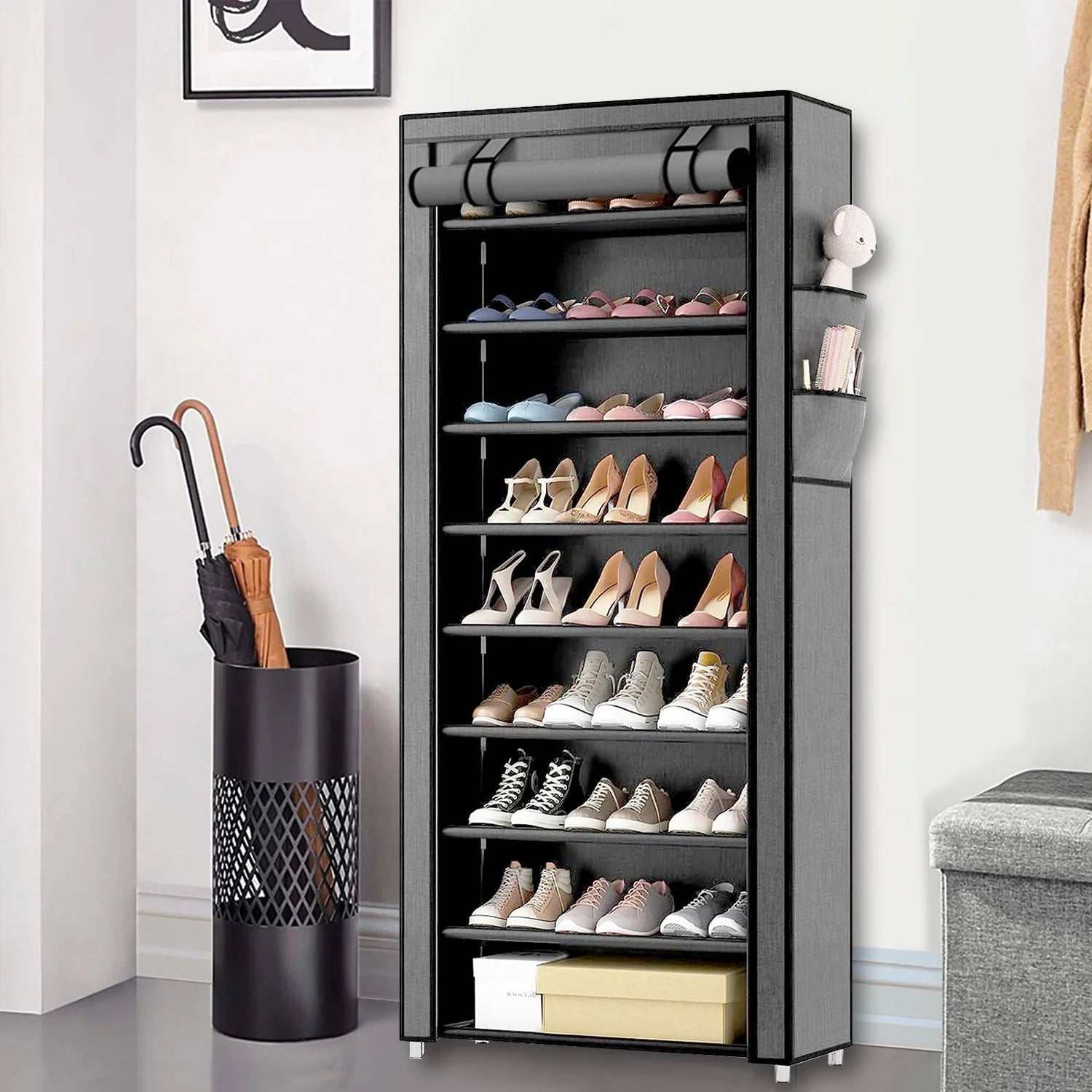 10 Tier Shoe Rack with Covers,Large Capacity Stackable Tall Shoe Organizer Storage Shoes and Boots Sturdy Metal Free Standing Shoe Shelf Organizer for Closet Entryway Garage Bedroom