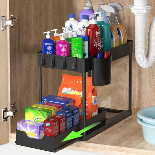 under Sink Organizer, 2 Tier Multi-Purpose Large Capacity Kitchen under Sink Organizers and Storage Easy Access Sliding Storage Drawer with Hooks and Hanging Cup for Bathroom under Sink