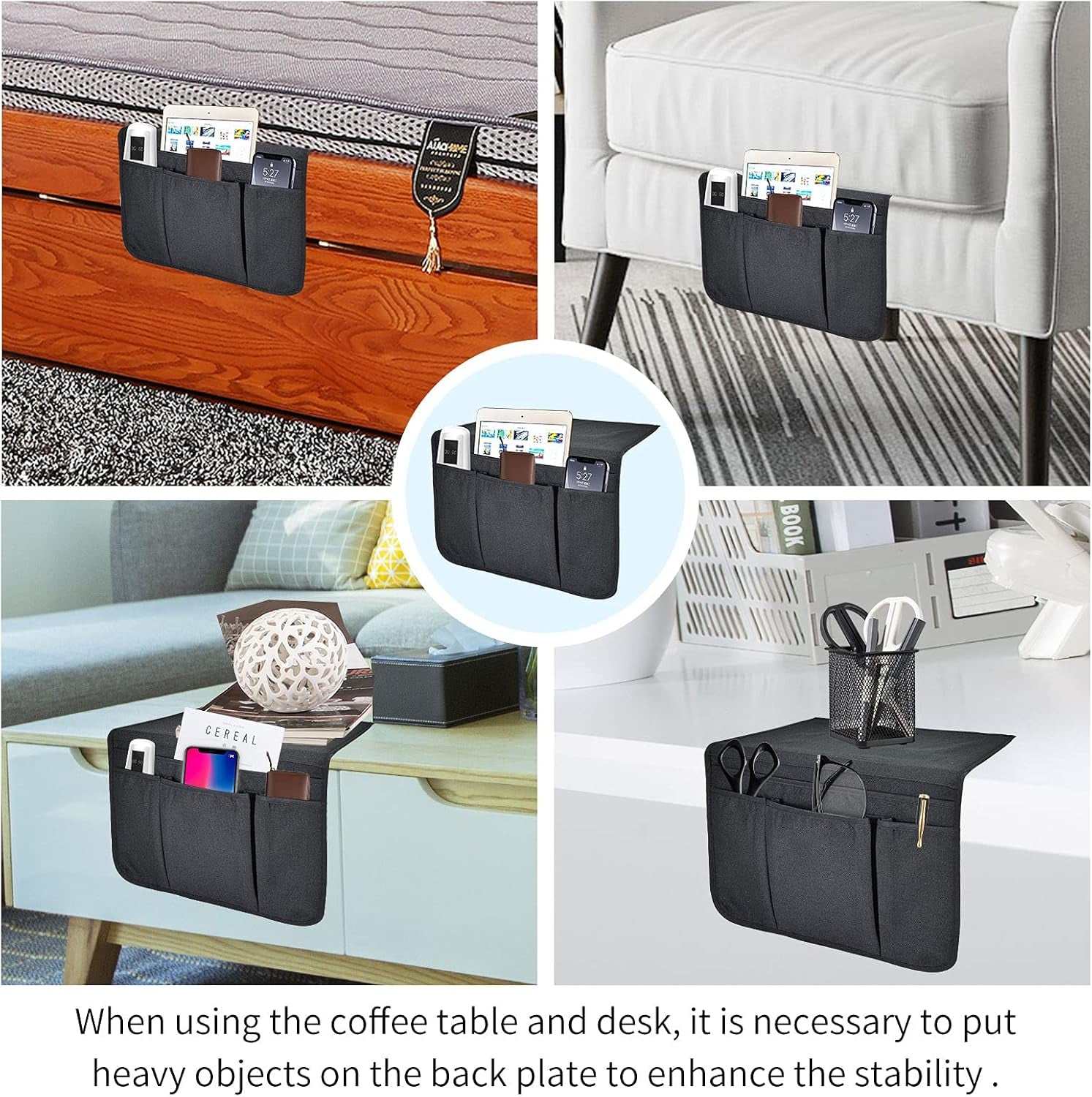 Bedside Caddy Bedside Storage Organizer Magazine Phone Tablet Ipad Remote Holder, Organizer Caddy for Home College Dorm Bed, Sofa, Bunk Bed (Black)