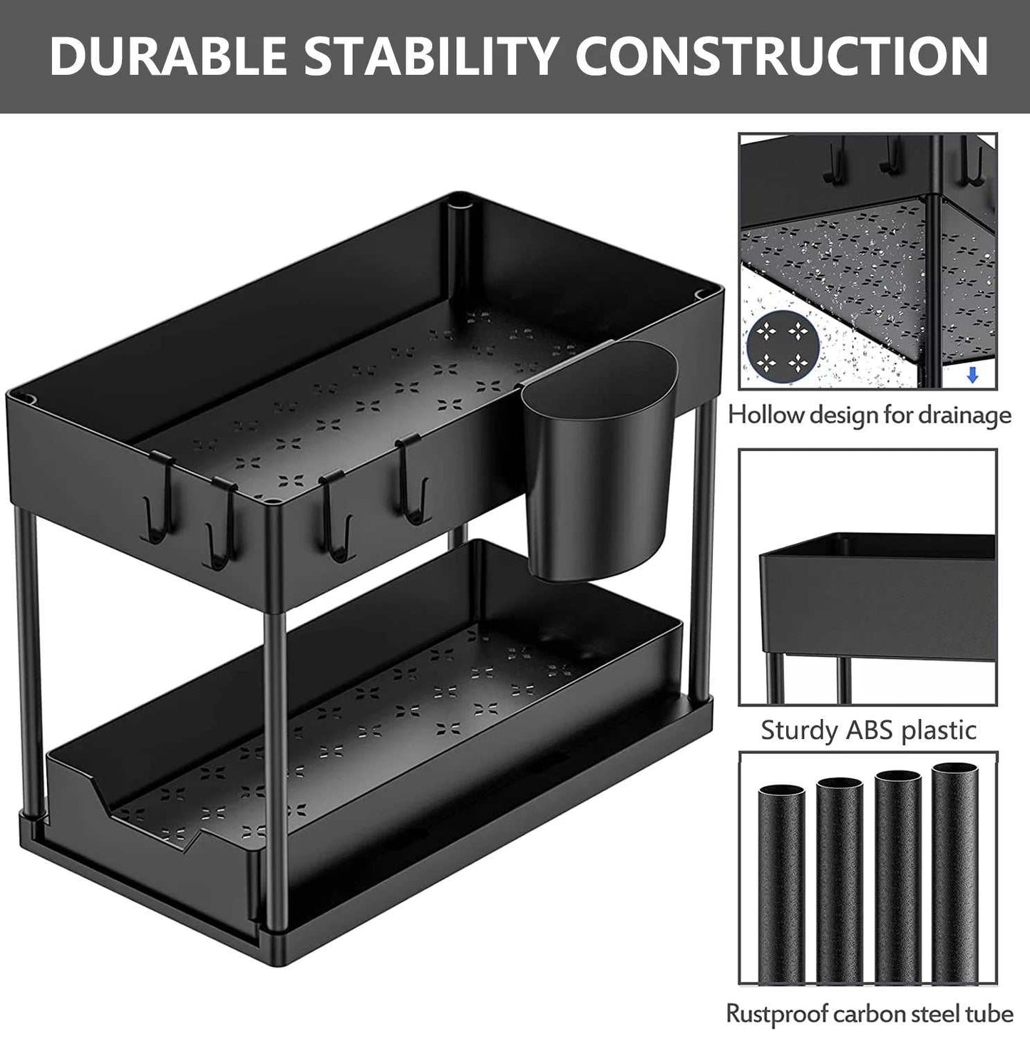 under Sink Organizer, 2 Tier Multi-Purpose Large Capacity Kitchen under Sink Organizers and Storage Easy Access Sliding Storage Drawer with Hooks and Hanging Cup for Bathroom under Sink