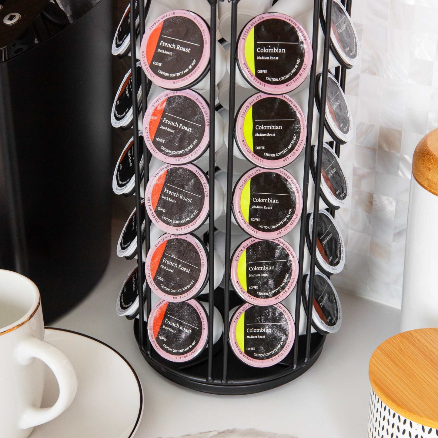 Single Serve Coffee Pod Carousel, 35 Pod Capacity, Lazy Susan, Metal Mesh, 6.15"L X 6.15"W X 12.5"H, Black