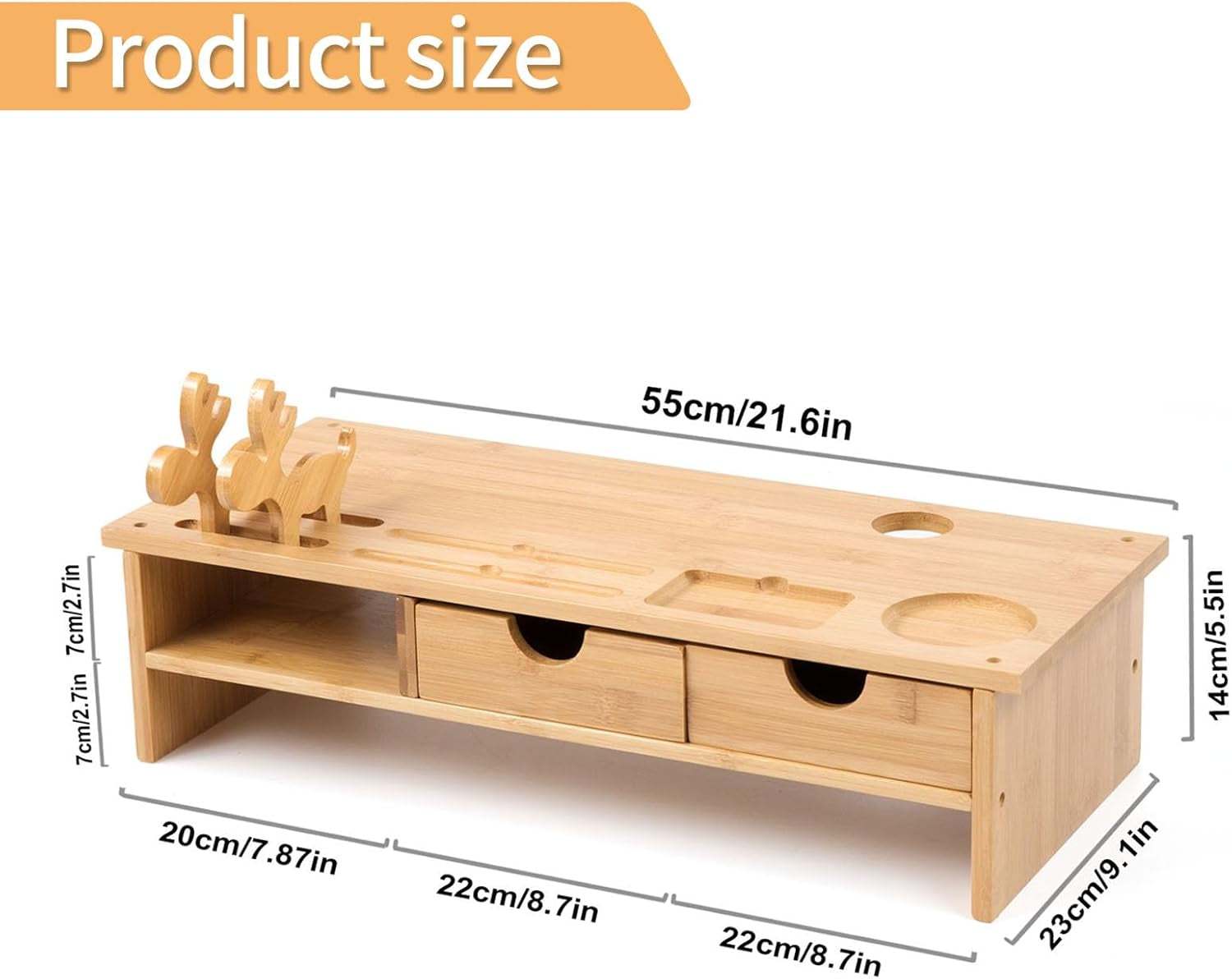 Monitor Stand Riser Desk Organizer-Bamboo 2 Tier Laptop Stand with Drawers, Adjustable Desktop Storage Organizer for Computer, Printer, Cellphone-Use in Office,Home /Reduce Neck &Eye Strain(Fawn)