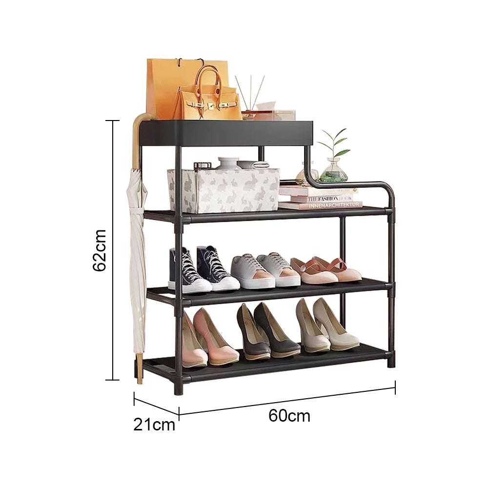 4-Tier Free Standing Shoe Rack, 24.8 in Shoe Shelf, Entryway Shoe Organizer Storage Cabinet, with 3 Fabric Shelves and Storage Top for Bags or Shoes, Black