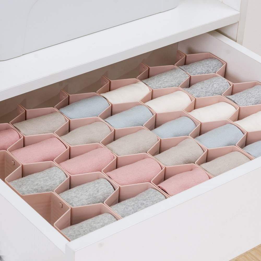 Drawer Divider Organizer Adjustable DIY Grid Honeycomb Drawer Divider for Underwear Belt Scarf Socks Pink