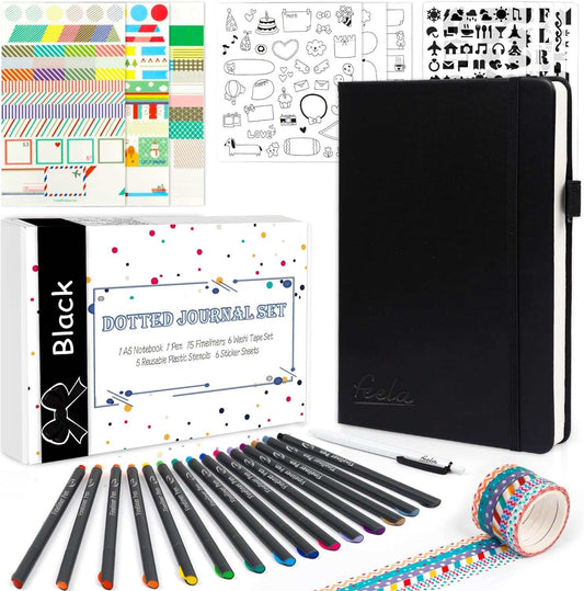 Dotted Journal Kit,  Dot Grid Journal Hardcover Planner Notebook Set for Beginners Women Girls Note Taking with Journaling Supplies Stencils Stickers Pens Accessories, A5, 224 Pages, Black