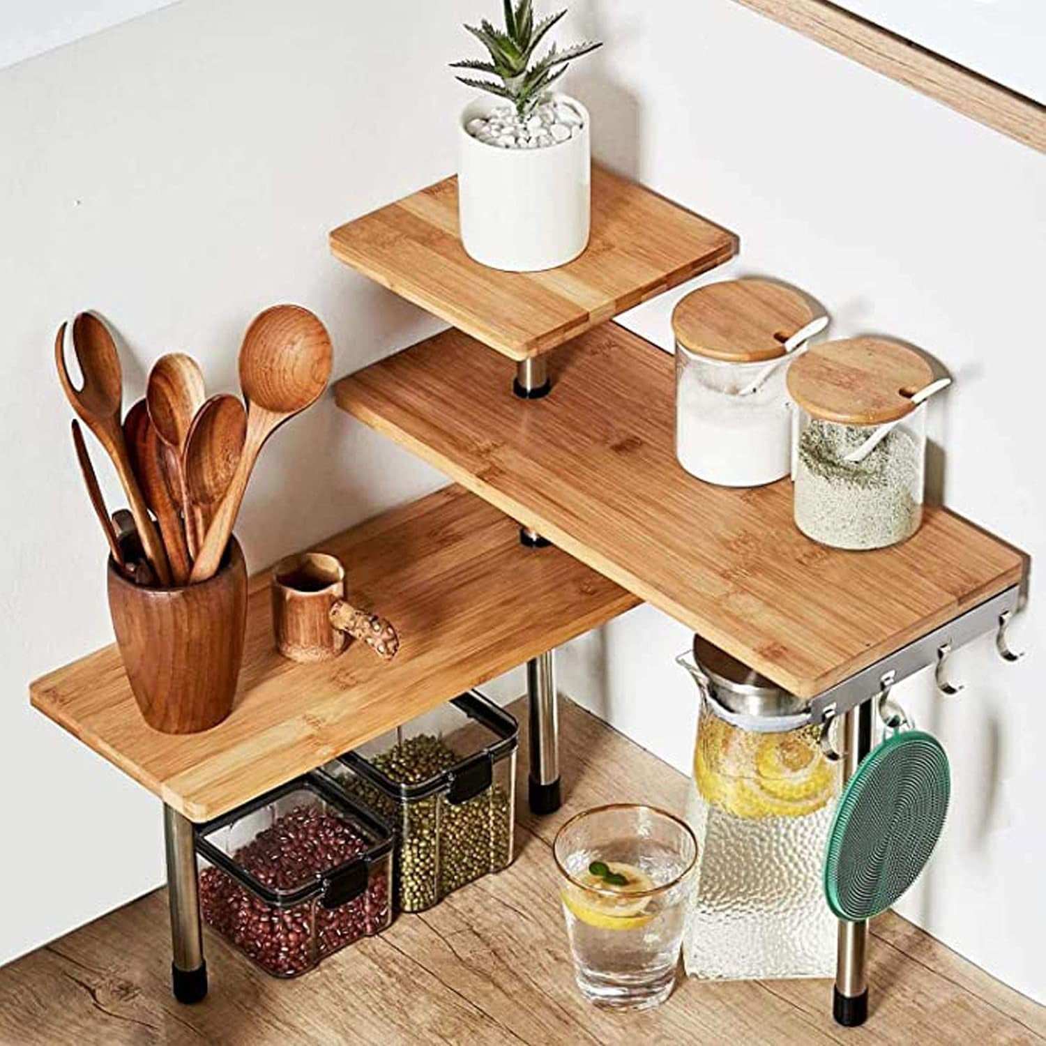 3 Tier Corner Shelf Bamboo & Metal Storage Spice Rack-Desk Bookshelf Display Shelves Space Saving Organizer -Adjustable Rack for Kitchen,Bedroom, Office-Creative Home Décor with Hooks