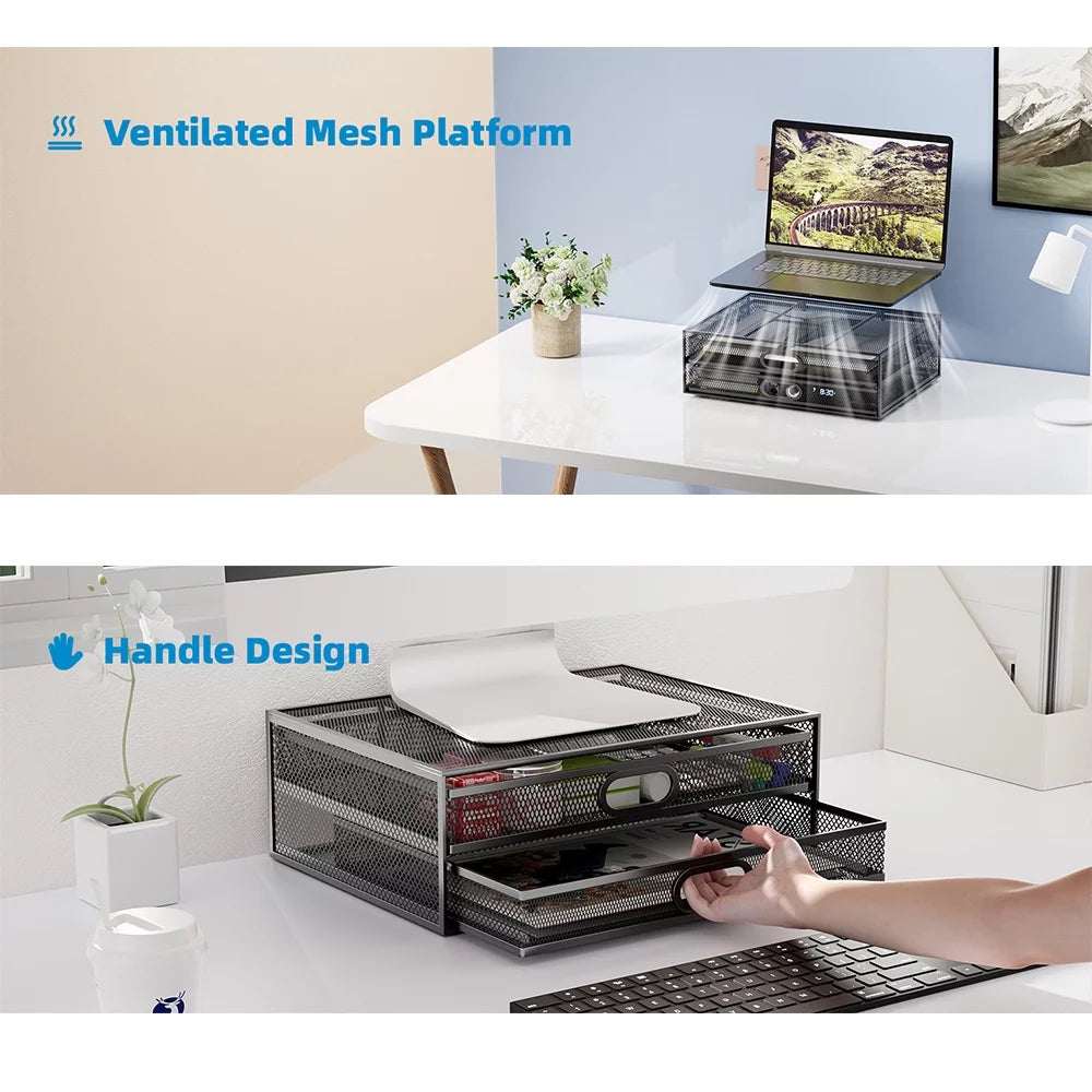 Monitor Stand, Monitor Stand with Drawer, Monitor Riser Mesh Metal, Desk Organizer, Monitor Stand with Storage, Desktop Computer Stand for PC, Laptop, Printer