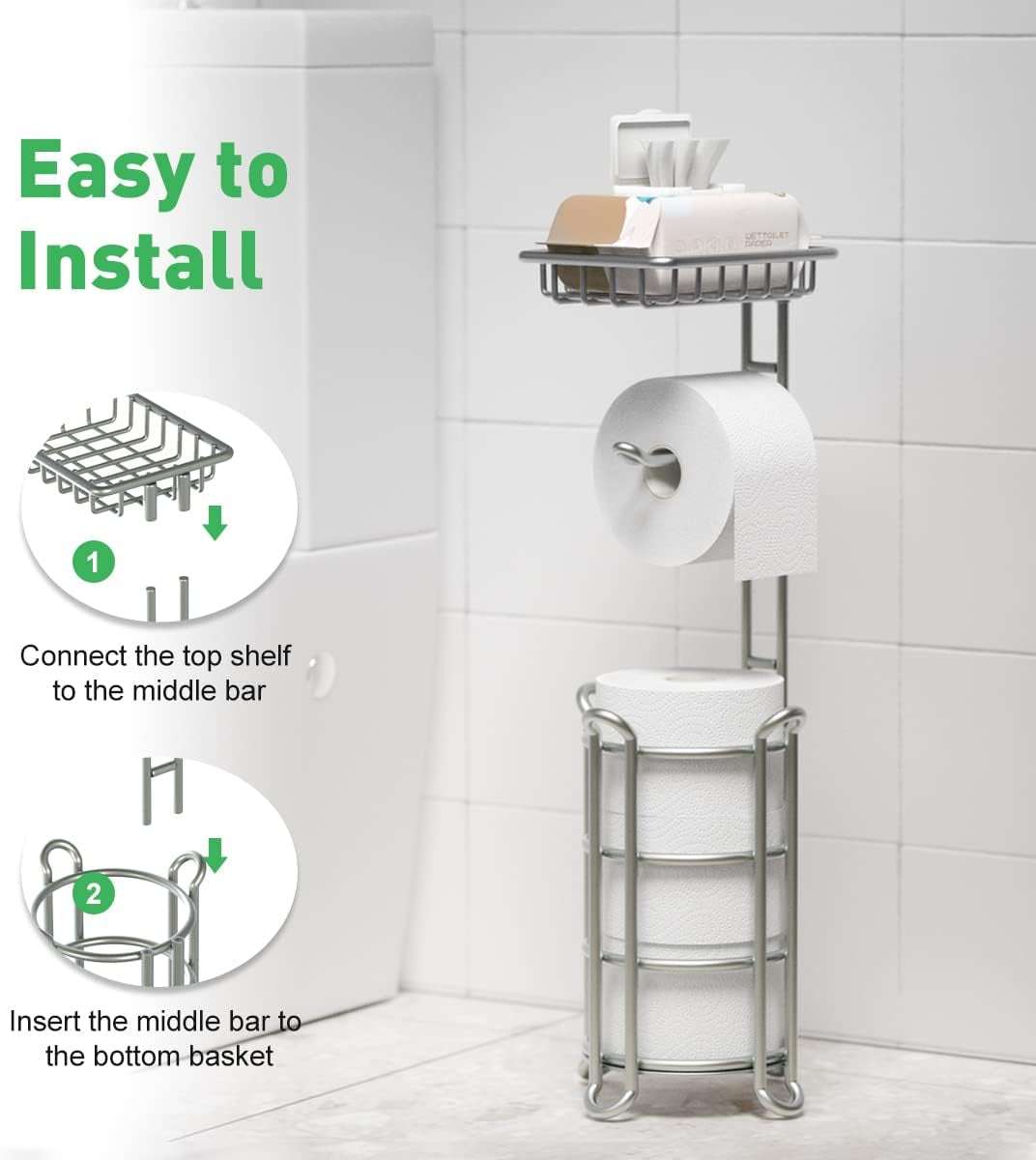 Toilet Paper Holder Stand Bathroom Tissue Dispenser Holders Rack Free Standing with Extra Shelf Storage Mega Rolls/Phone/Wipe - Silver