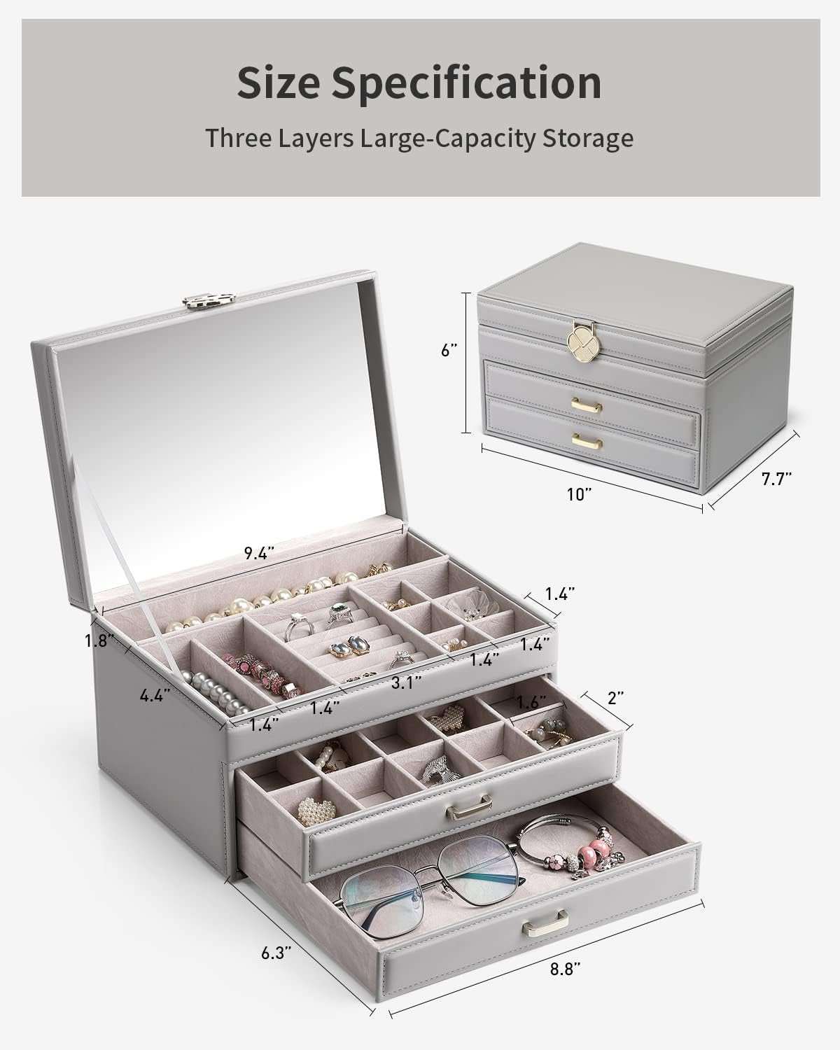 3-tier grey jewelry box organizer with velvet lining, mirror lid, and large-capacity compartments for organizing necklaces, earrings, and bracelets.