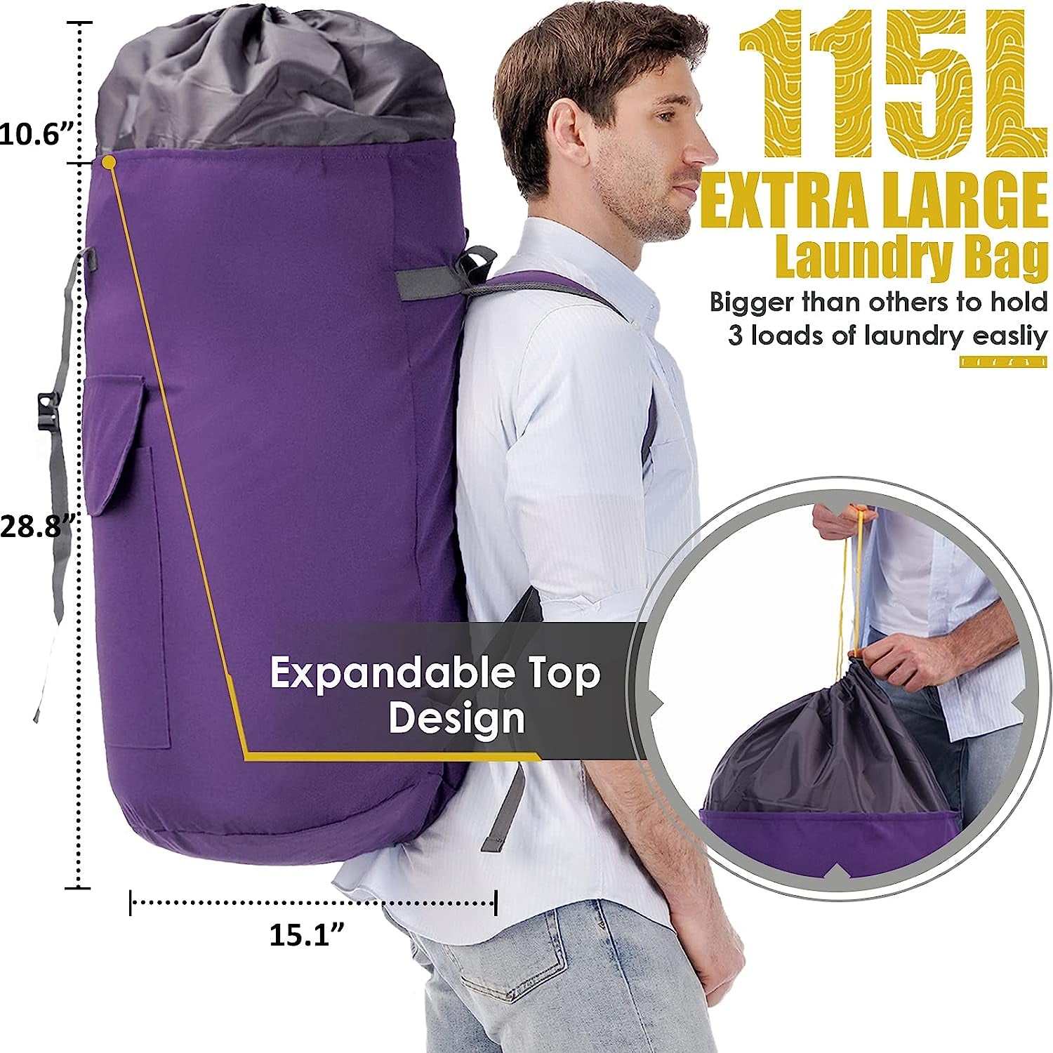 College Laundry Bag Extra Large Heavy Duty, Purple 115L Laundry Backpack Bag with Handle, Sturdy Dorm Laundry Bag with Drawstring Closure, Heavy Duty Laundry Bag for College, Camp, Laundromat