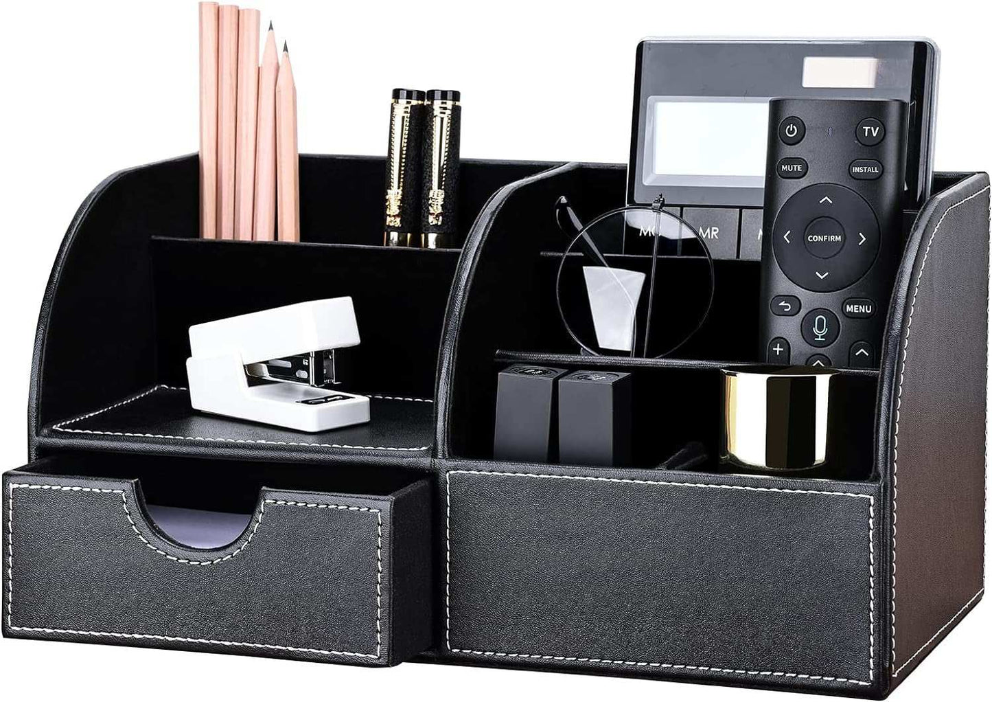 Pu Leather Desk Organizer Pen Pencil Holder Office Supplies Caddy Storage Box 6 Compartments with Drawer Black