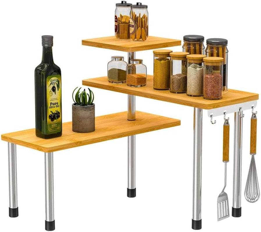 Kitchen Countertop Organizer Corner Shelf - 3 Tier Bathroom Storage Display Counter Shelves Bamboo Spice Rack Desk Bookshelf with Hooks