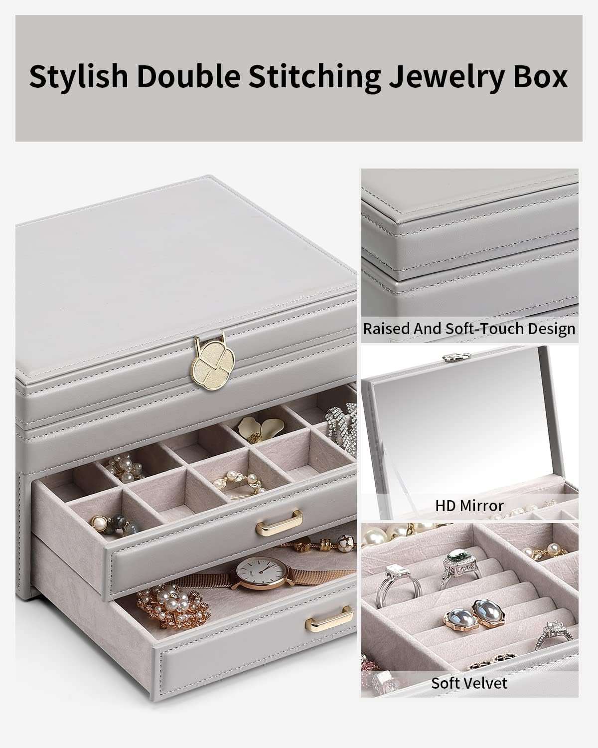 3-Tier jewelry box organizer with velvet lining, mirror lid, faux leather, and large-capacity drawers for organizing jewelry.