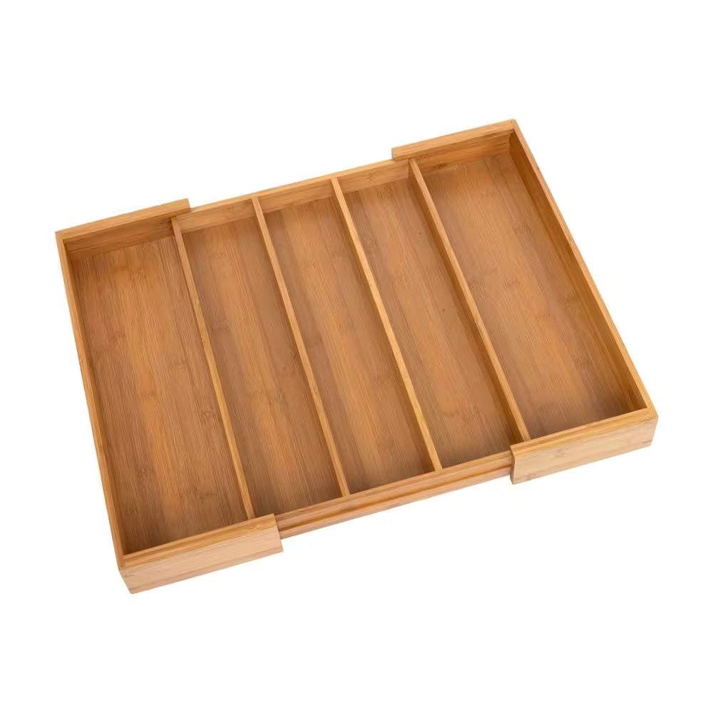 Bamboo Expandable 5 Large Compartment Adjustable Cutlery Drawer Tray Organizer