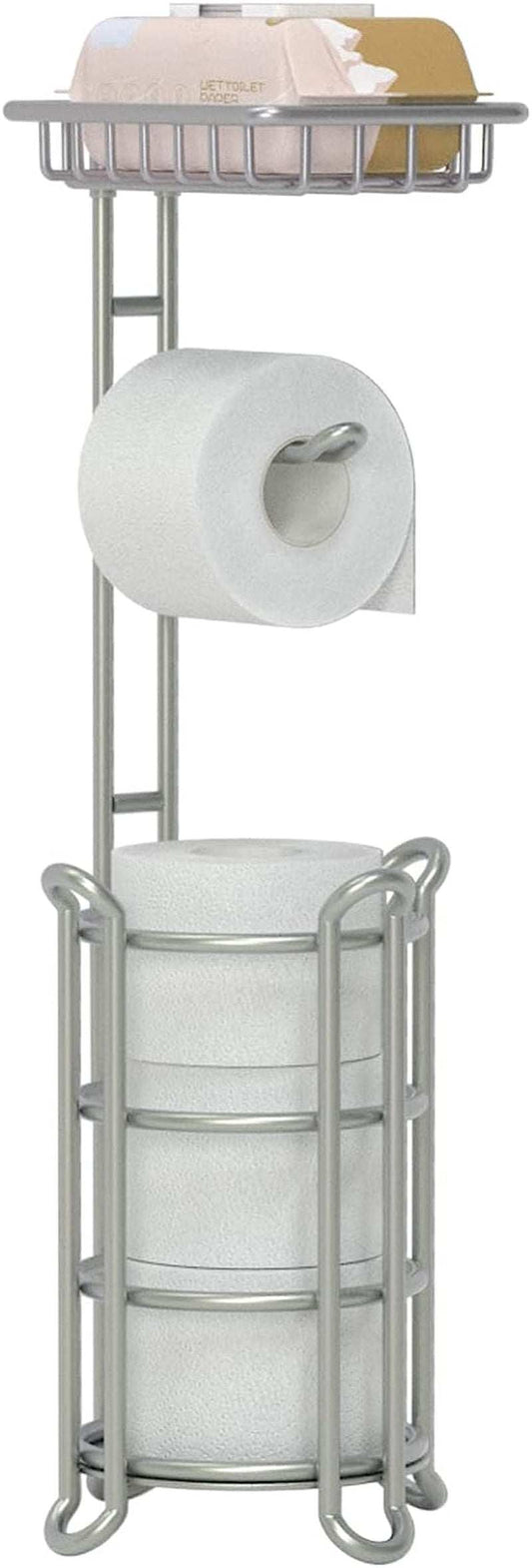 Toilet Paper Holder Stand Bathroom Tissue Dispenser Holders Rack Free Standing with Extra Shelf Storage Mega Rolls/Phone/Wipe - Silver