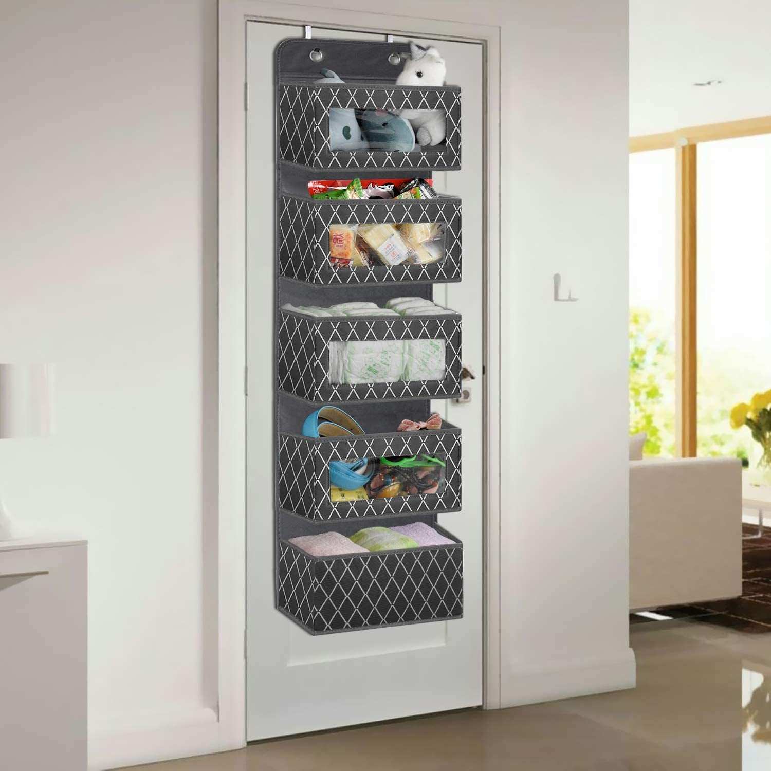 Over the Door Hanging Organizer with 5 Large Pockets - Wall Mount Fabric Pantry Storage with Clear PVC Window & 2 Big Metal Hooks for Closet,Bathroom,Nursery,Bedroom,Dorm,Baby Diapers,Kids Toys (Gray)